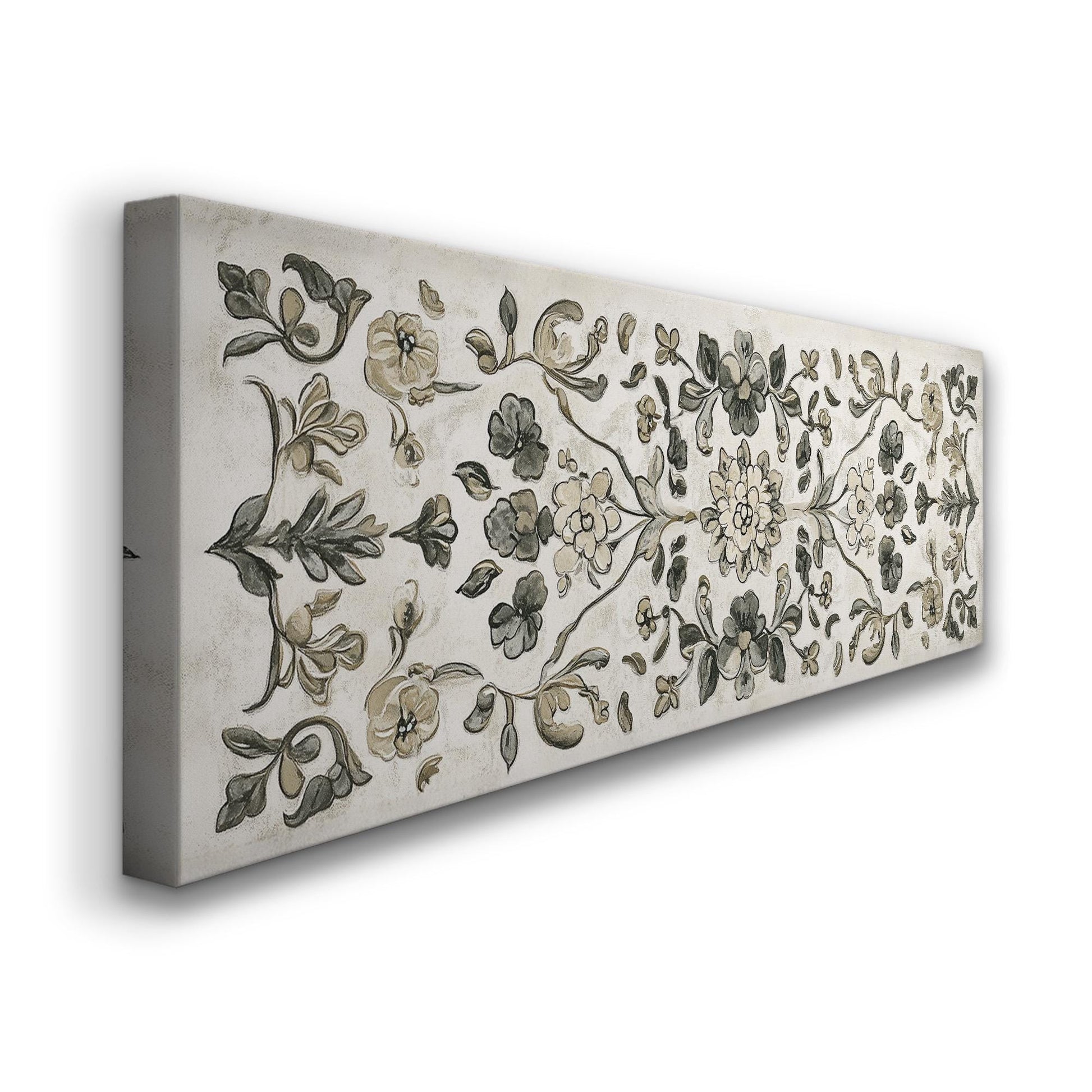 Antique European Floral Tapestry Panoramic Vintage Textile, Minimal Neutral Taperstry Canvas Print, Chrysanthemum Printed Canvas Art
