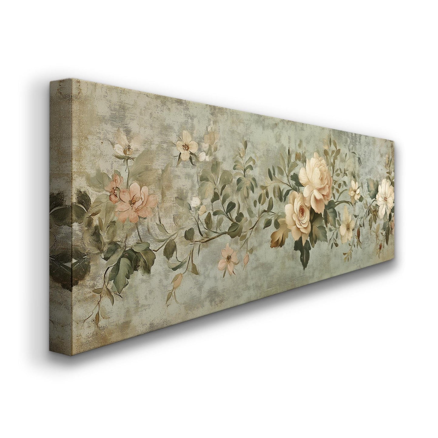 Antique Muted Flowers Panoramic Neutral Taperstry, Minimal Chrysanthemum Canvas Print, Floral Printed Canvas Art