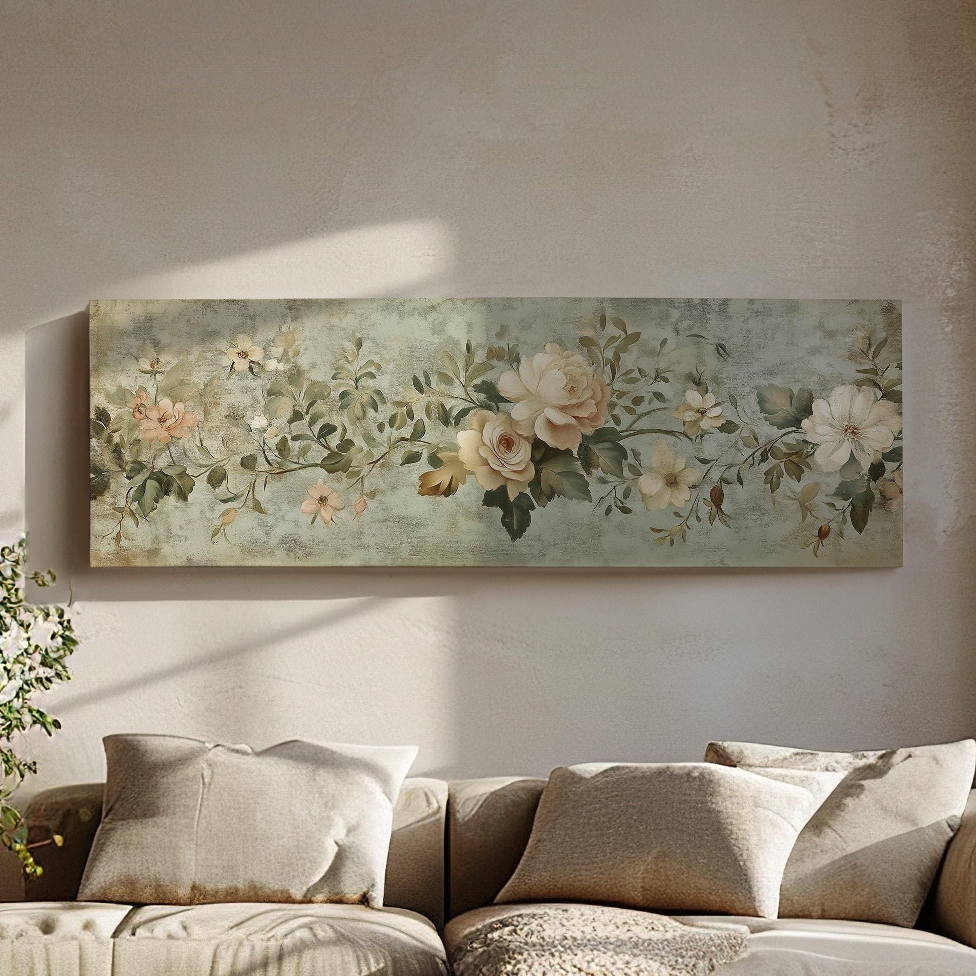 Antique Muted Flowers Panoramic Neutral Taperstry, Minimal Chrysanthemum Canvas Print, Floral Printed Canvas Art