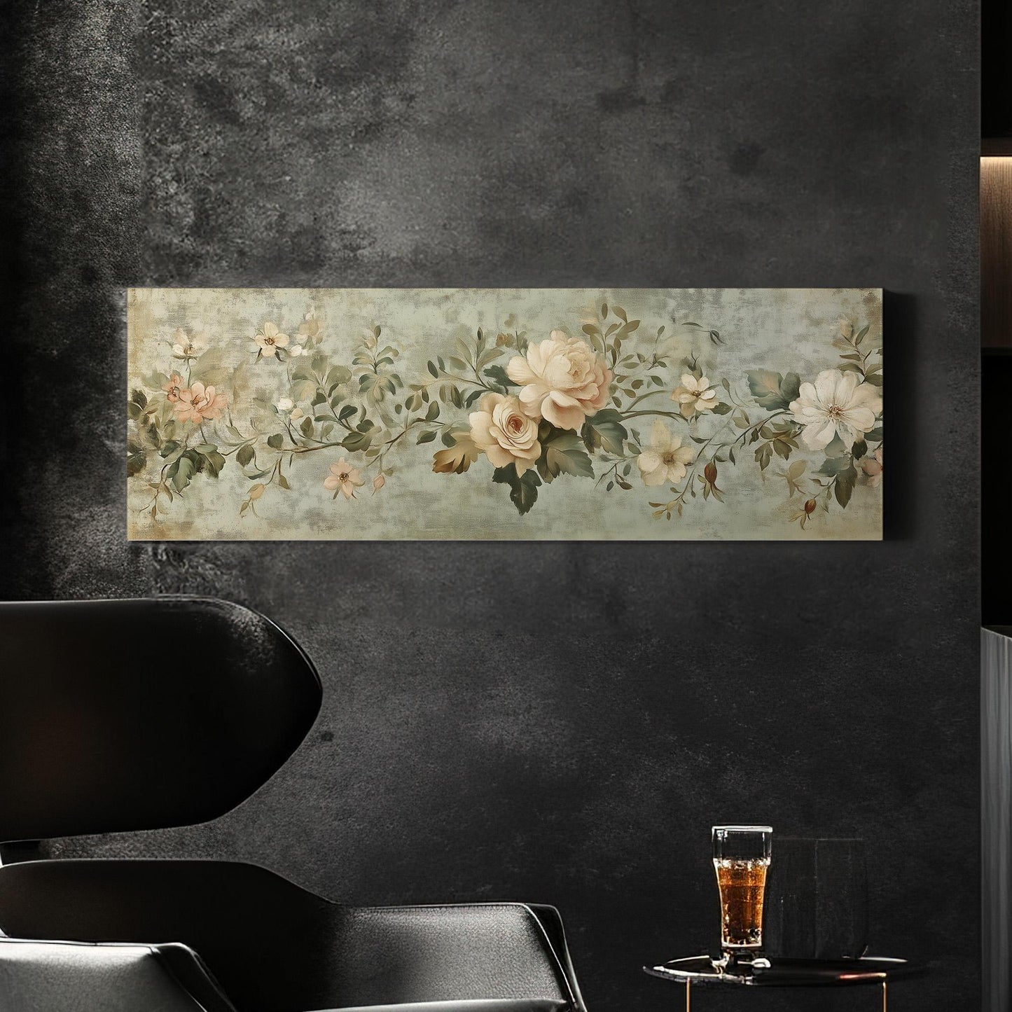 Antique Muted Flowers Panoramic Neutral Taperstry, Minimal Chrysanthemum Canvas Print, Floral Printed Canvas Art