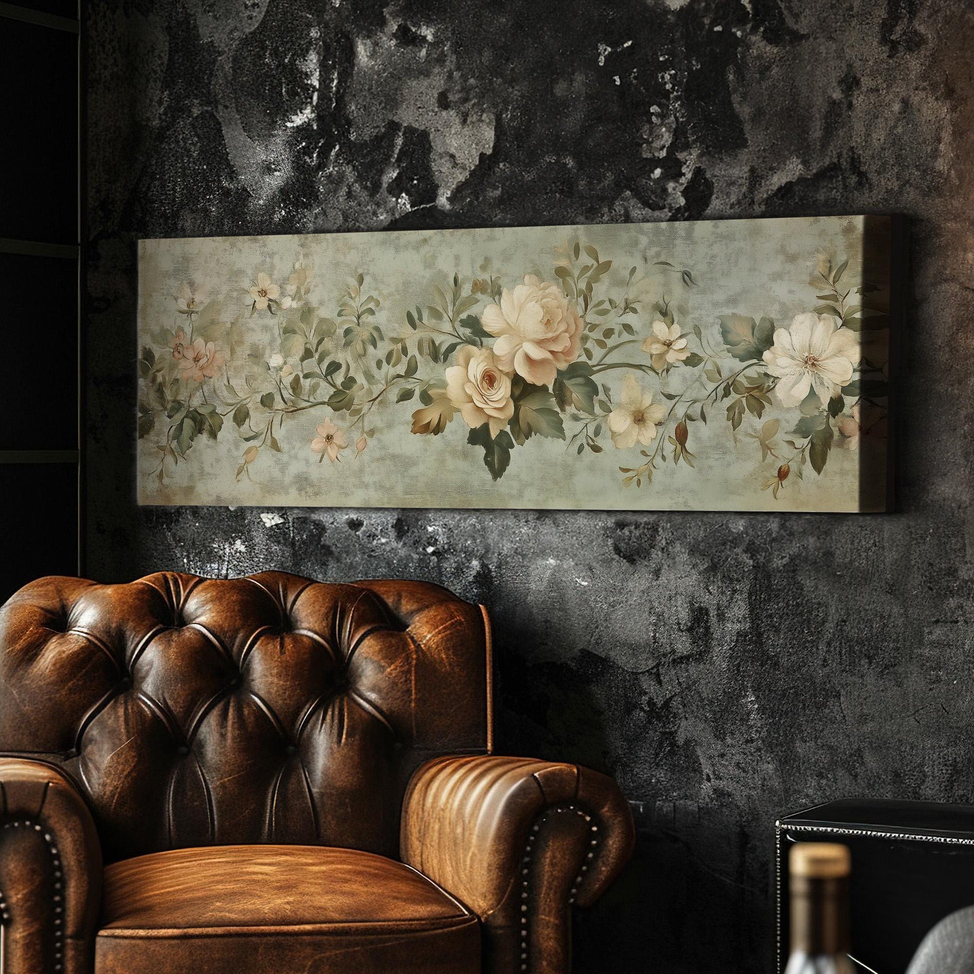 Antique Muted Flowers Panoramic Neutral Taperstry, Minimal Chrysanthemum Canvas Print, Floral Printed Canvas Art