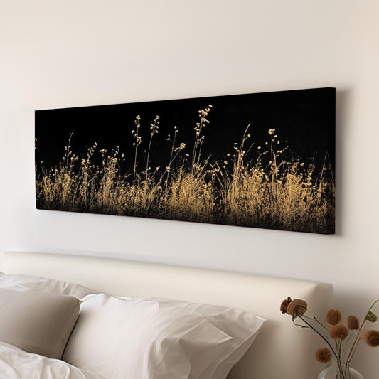 Botanical Yellow Tall Grasses Panoramic Monochrome Floral, Minimal Scandinavian Canvas Print, Cottagecore Printed Canvas Art