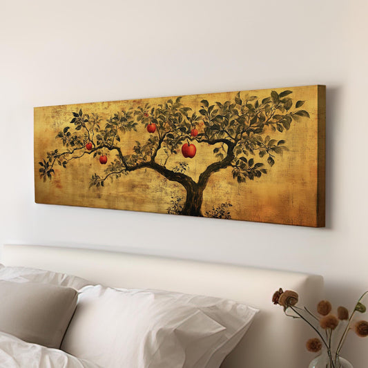 Chinese Apple Tree Panoramic Rustic Floral, Minimal Farmhouse Country Canvas Print, Nature Bloom Printed Canvas Art