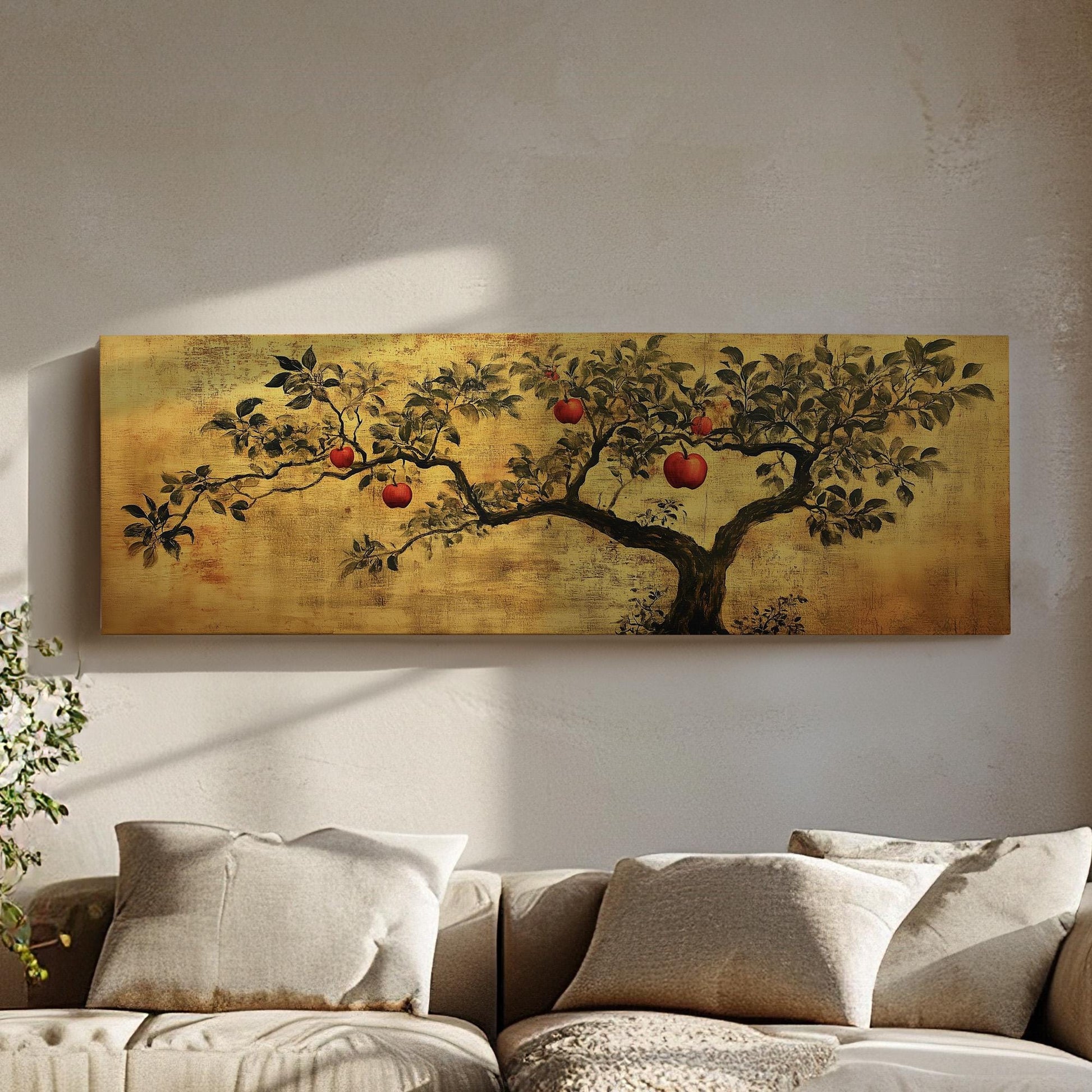 Chinese Apple Tree Panoramic Rustic Floral, Minimal Farmhouse Country Canvas Print, Nature Bloom Printed Canvas Art