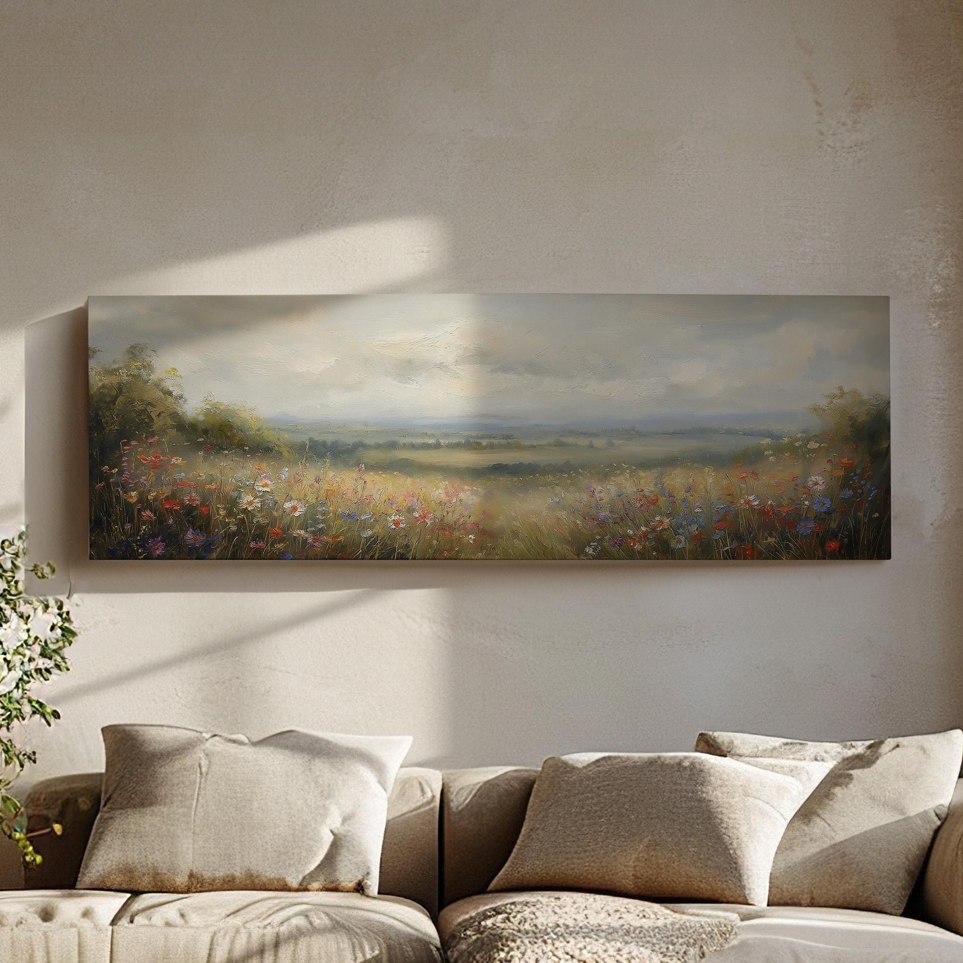 Colorful Flowers Spring Meadow Panoramic Wildflower Field, Minimal Muted Landscape Canvas Print, English Countryside Printed Canvas Art
