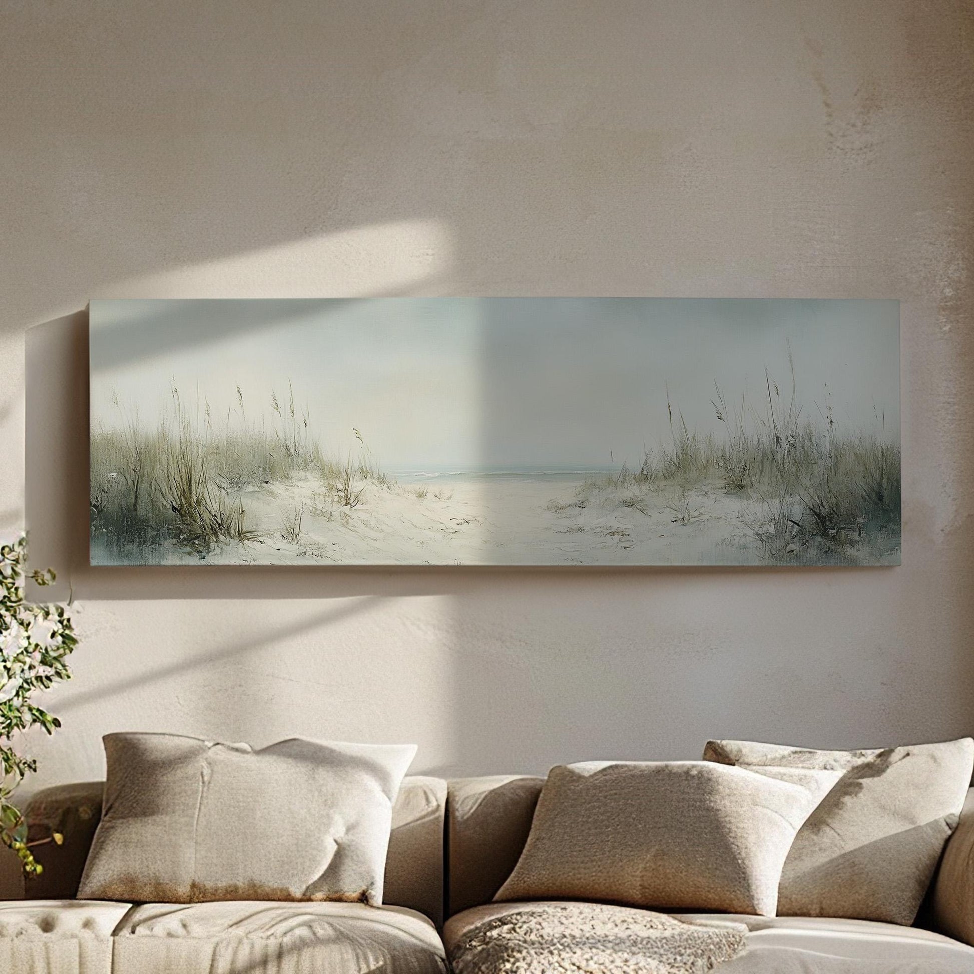Dunes on the Muted Beach Panoramic Sandy Shore, Minimal Nautical Art Canvas Print, Coastal Sunset Printed Canvas Art