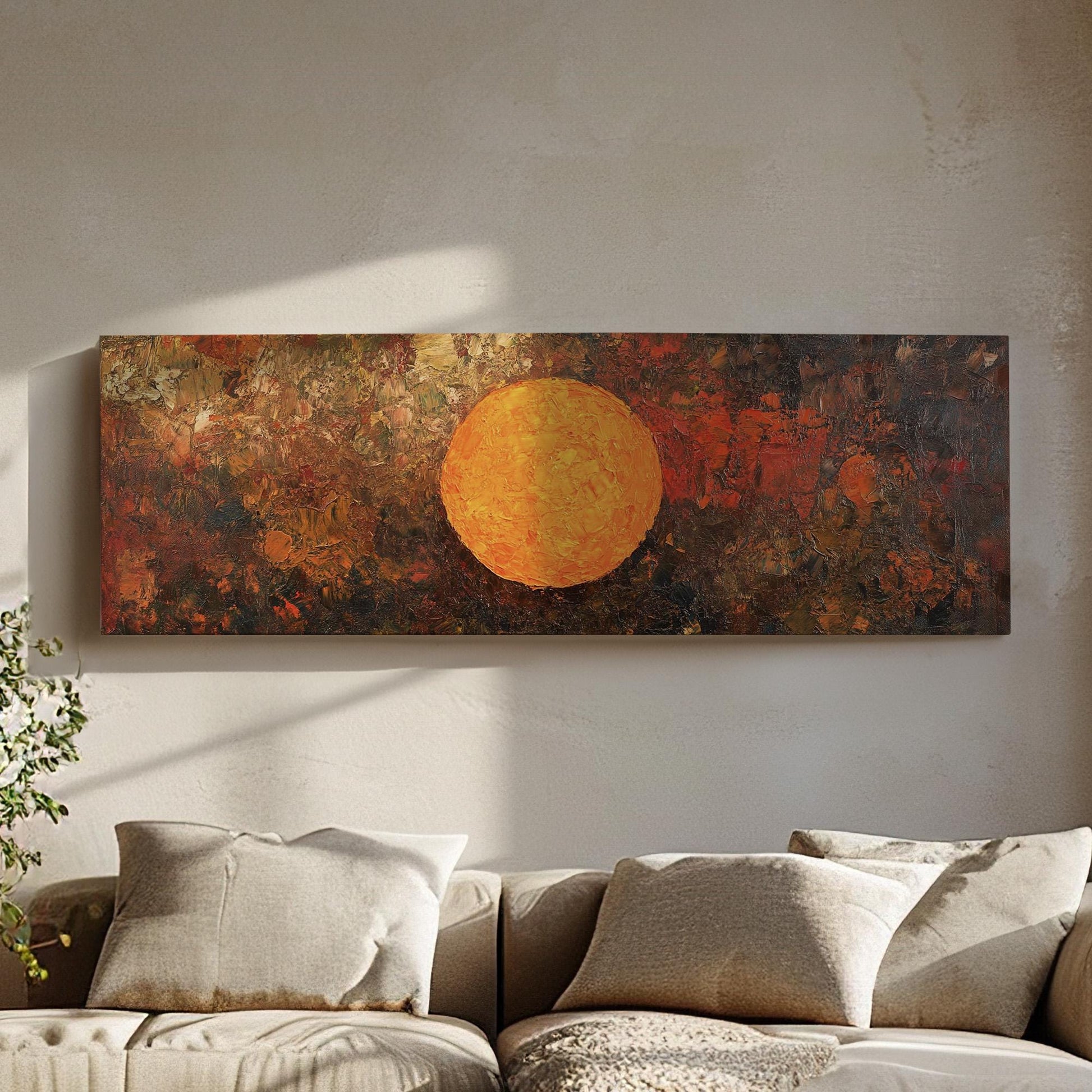 Abstract Hot Sun Panoramic Colorful Sunset, Minimal Warm Hues Canvas Print, Moody Farmhouse Printed Canvas Art