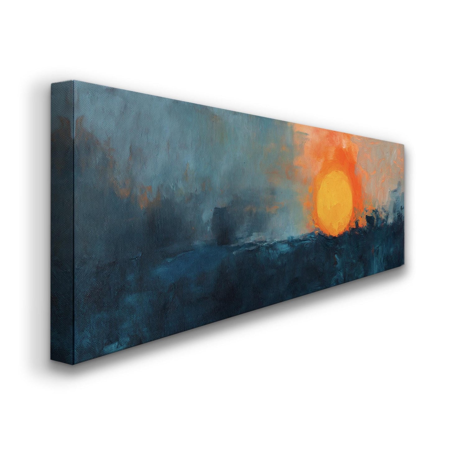 Abstract Sunset At The Sea Panoramic Cold Hues, Minimal Moody Farmhouse Canvas Print, Minimal Printed Canvas Art