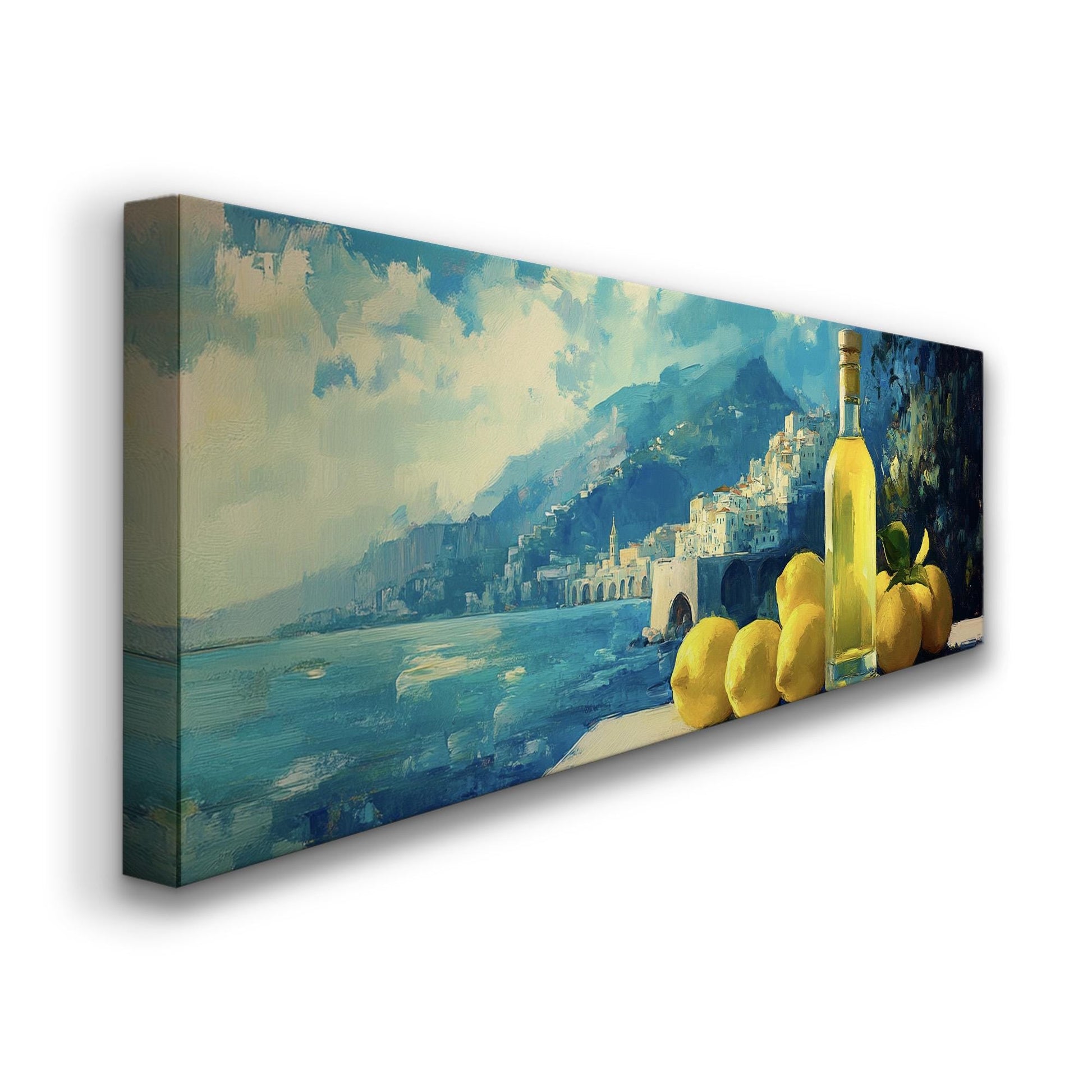 Amalfi Coast Limoncello Panoramic Farmhouse Kitchen, Minimal Citrus Colors Canvas Print, Lemon Printed Canvas Art