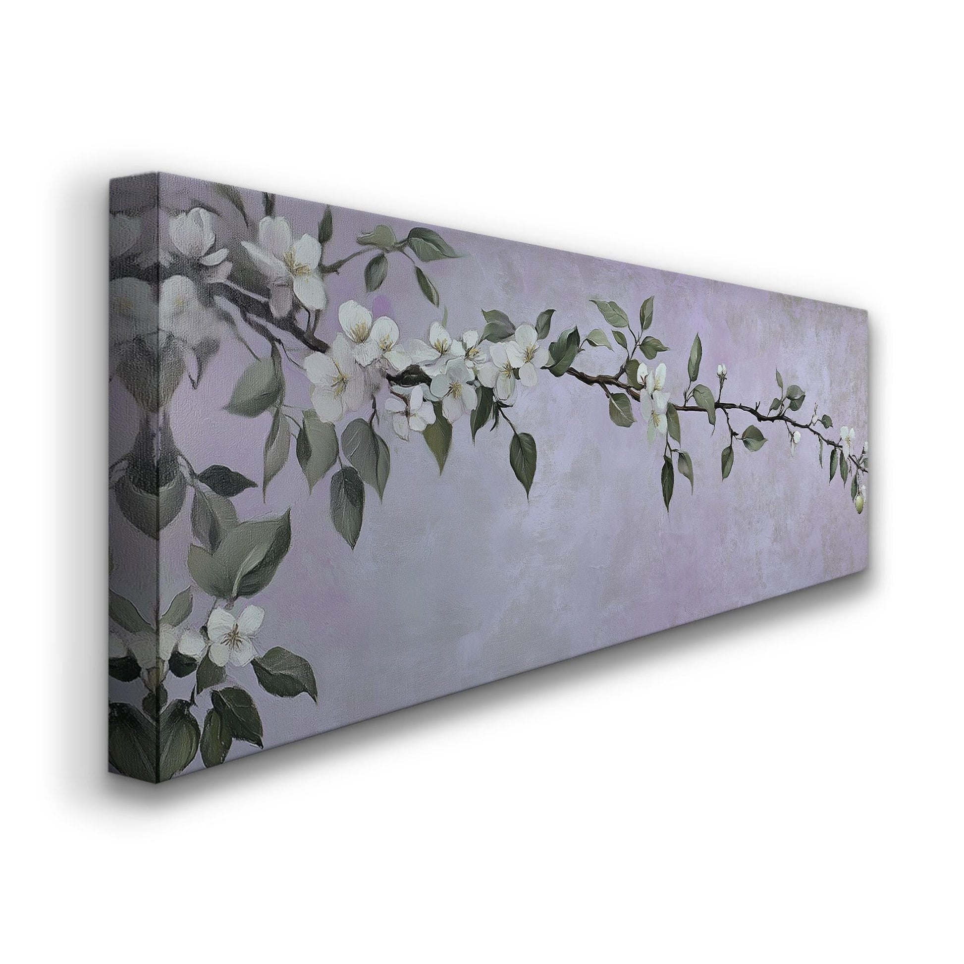 Spring Apple Blossom Branch Panoramic Purple Lights, Minimal Farmhouse Country Canvas Print, Nature Bloom Printed Canvas Art