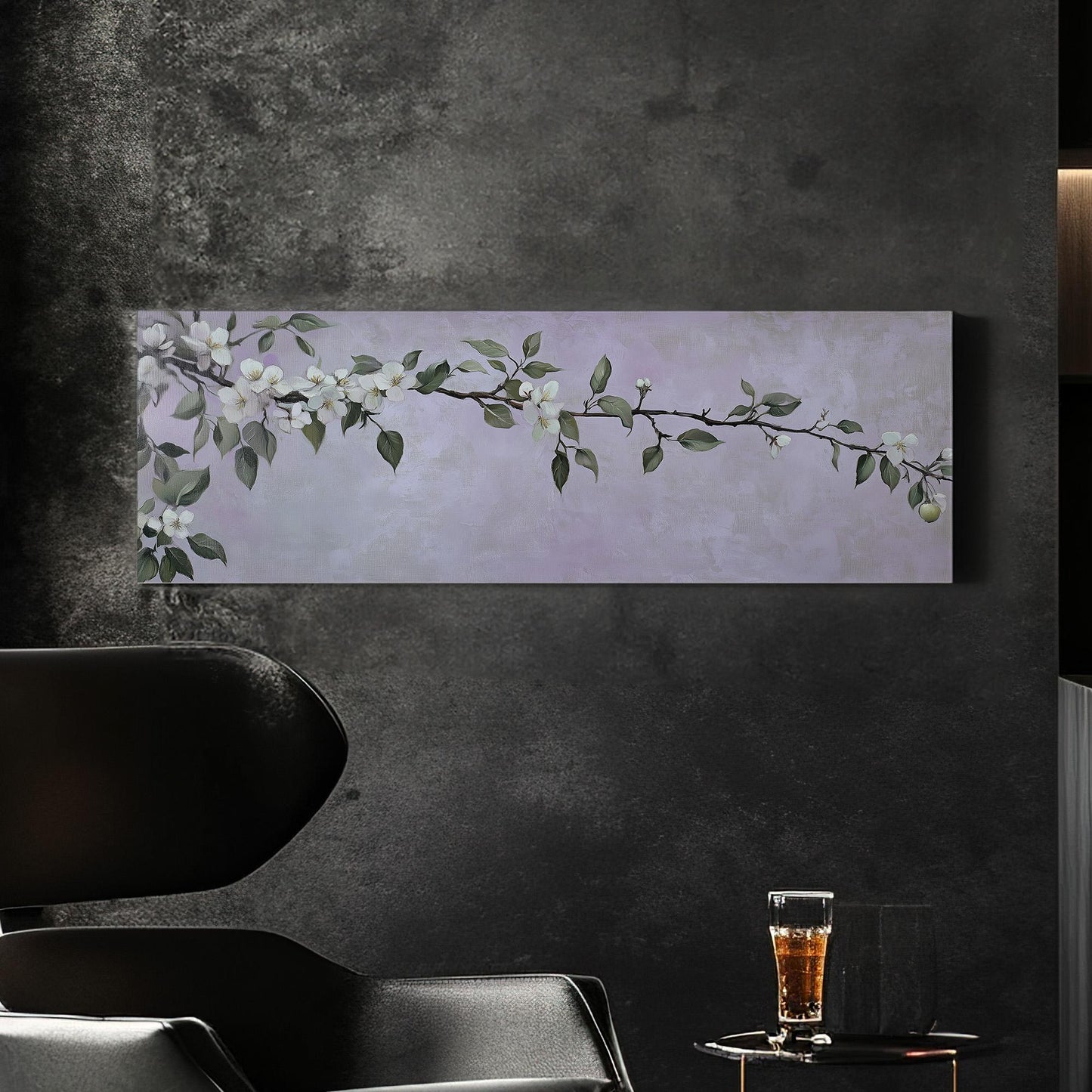 Spring Apple Blossom Branch Panoramic Purple Lights, Minimal Farmhouse Country Canvas Print, Nature Bloom Printed Canvas Art
