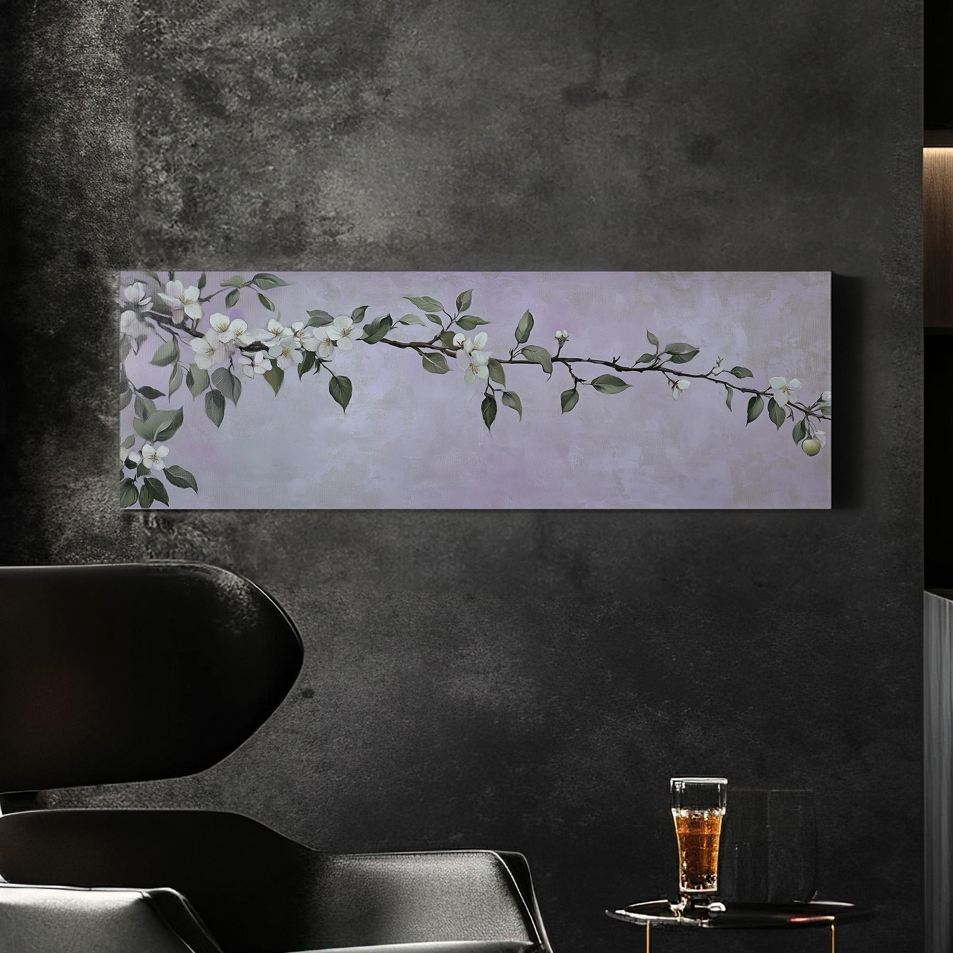 Spring Apple Blossom Branch Panoramic Purple Lights, Minimal Farmhouse Country Canvas Print, Nature Bloom Printed Canvas Art