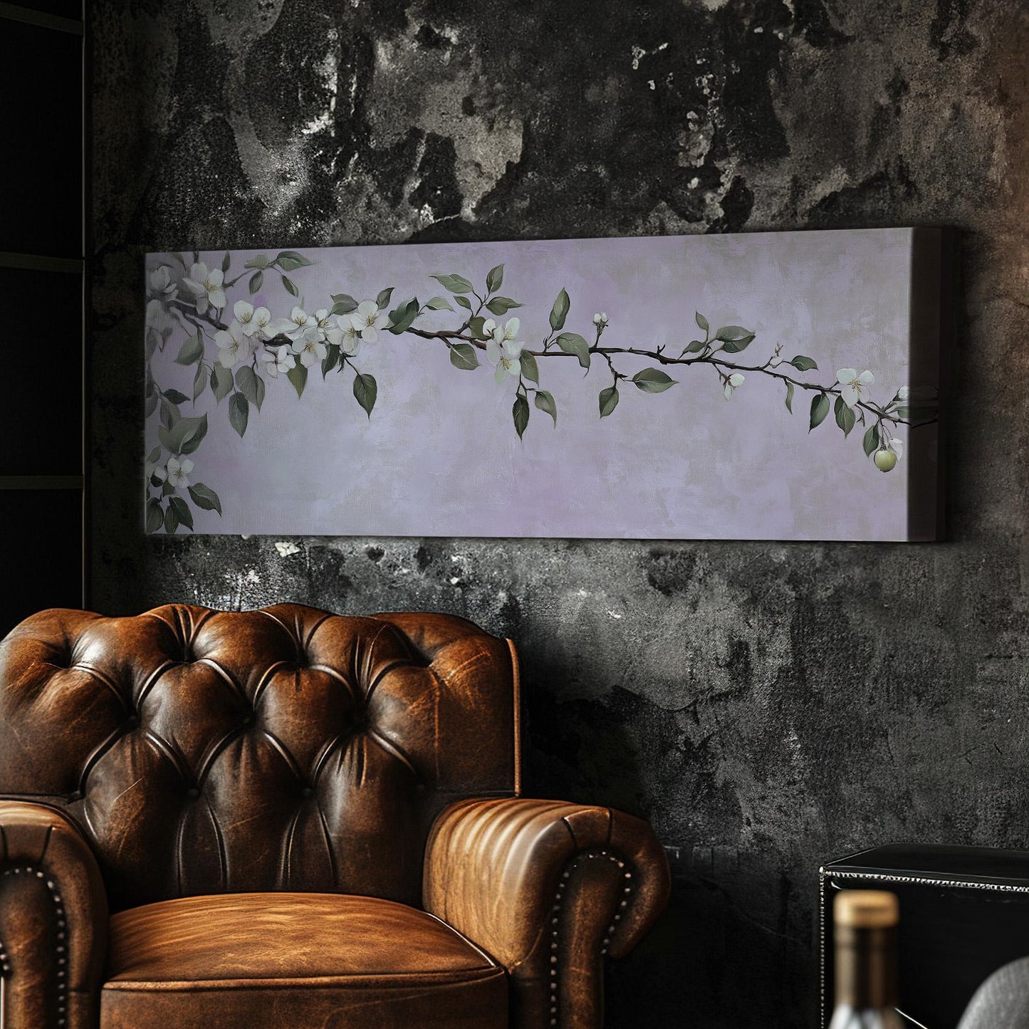 Spring Apple Blossom Branch Panoramic Purple Lights, Minimal Farmhouse Country Canvas Print, Nature Bloom Printed Canvas Art