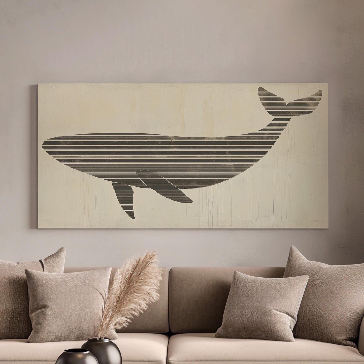 Striped Ocean Giant Wall Art Above Couch, Horizontal Nautical Flow Canvas Print, Marine Life Decor Canvas Art