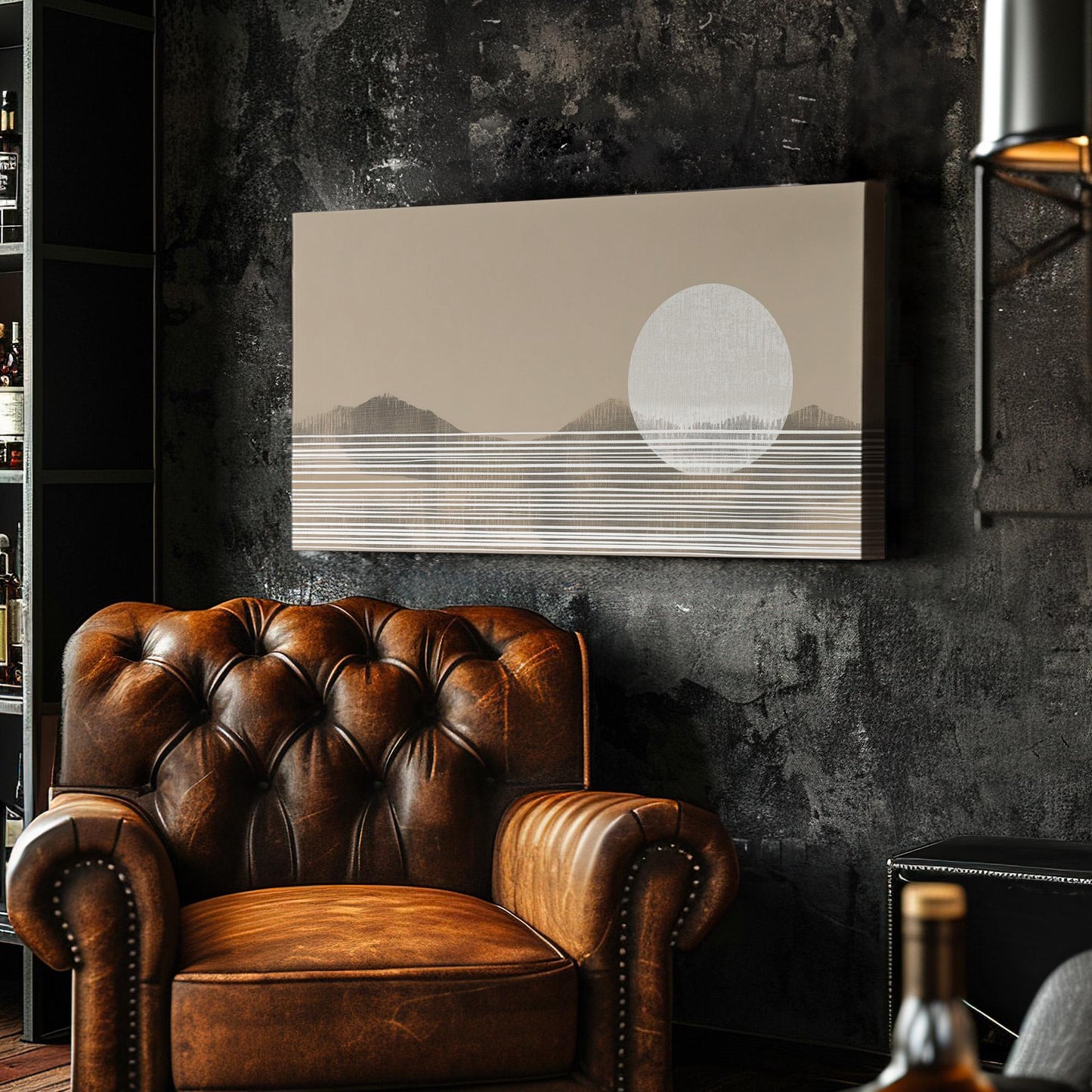 Neutral Abstract Sunset Wall Art Above Couch, Horizontal Minimalist Mountain Canvas Print, Boho Desert Decor Canvas Art