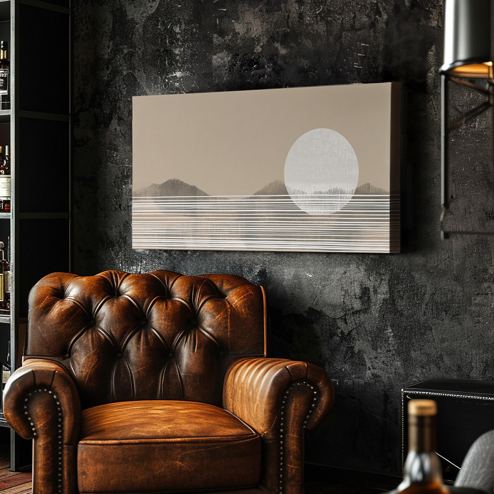 Neutral Abstract Sunset Wall Art Above Couch, Horizontal Minimalist Mountain Canvas Print, Boho Desert Decor Canvas Art