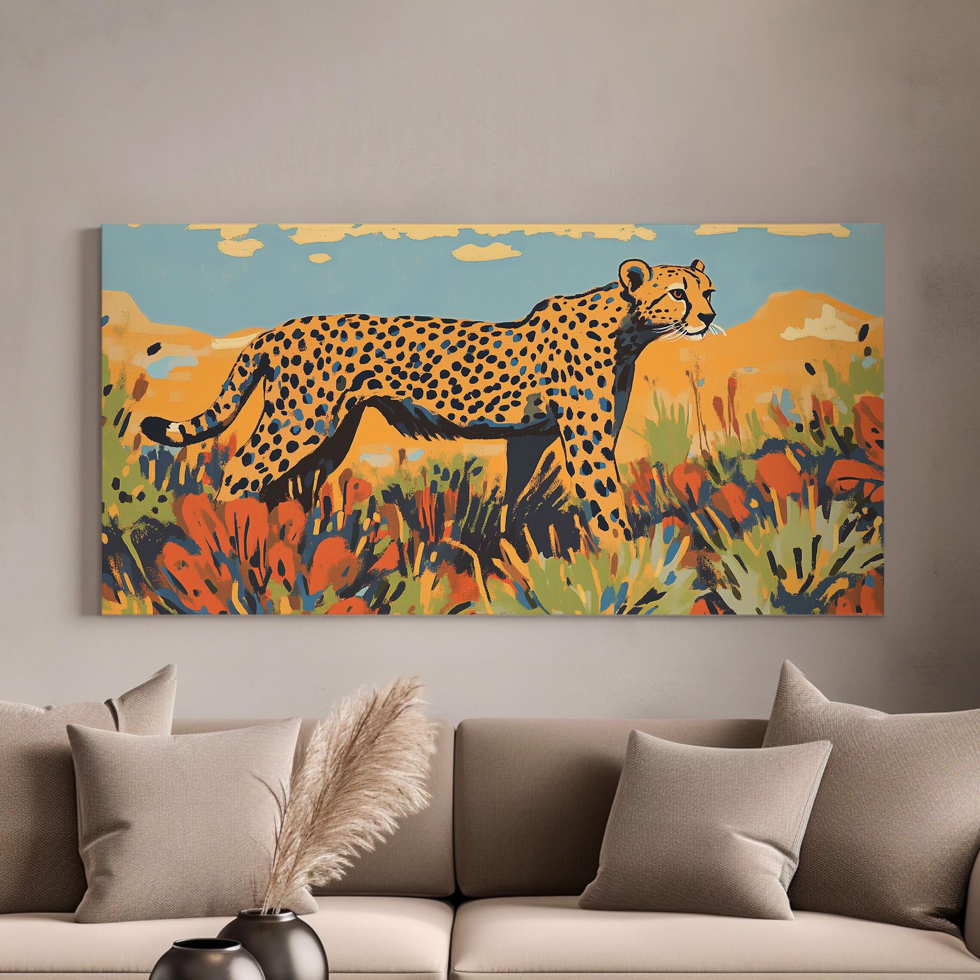 Minimalistic Cheetah Wall Art For Living Room, Horizontal Jungle Vibes Canvas Print, Savanna Decor Canvas Art