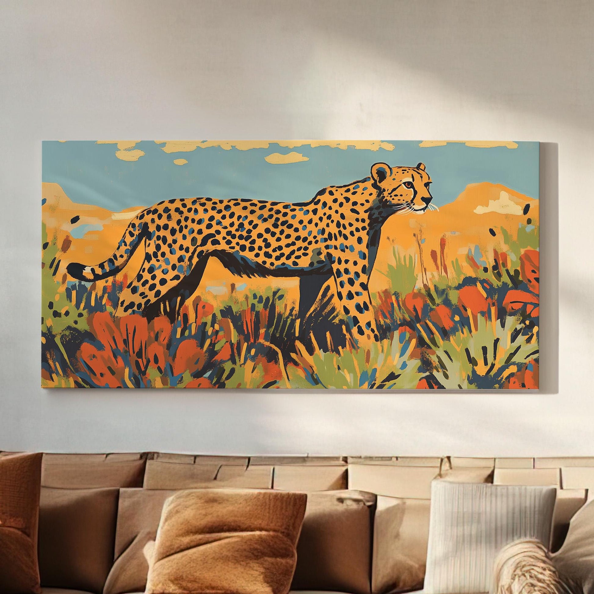 Minimalistic Cheetah Wall Art For Living Room, Horizontal Jungle Vibes Canvas Print, Savanna Decor Canvas Art