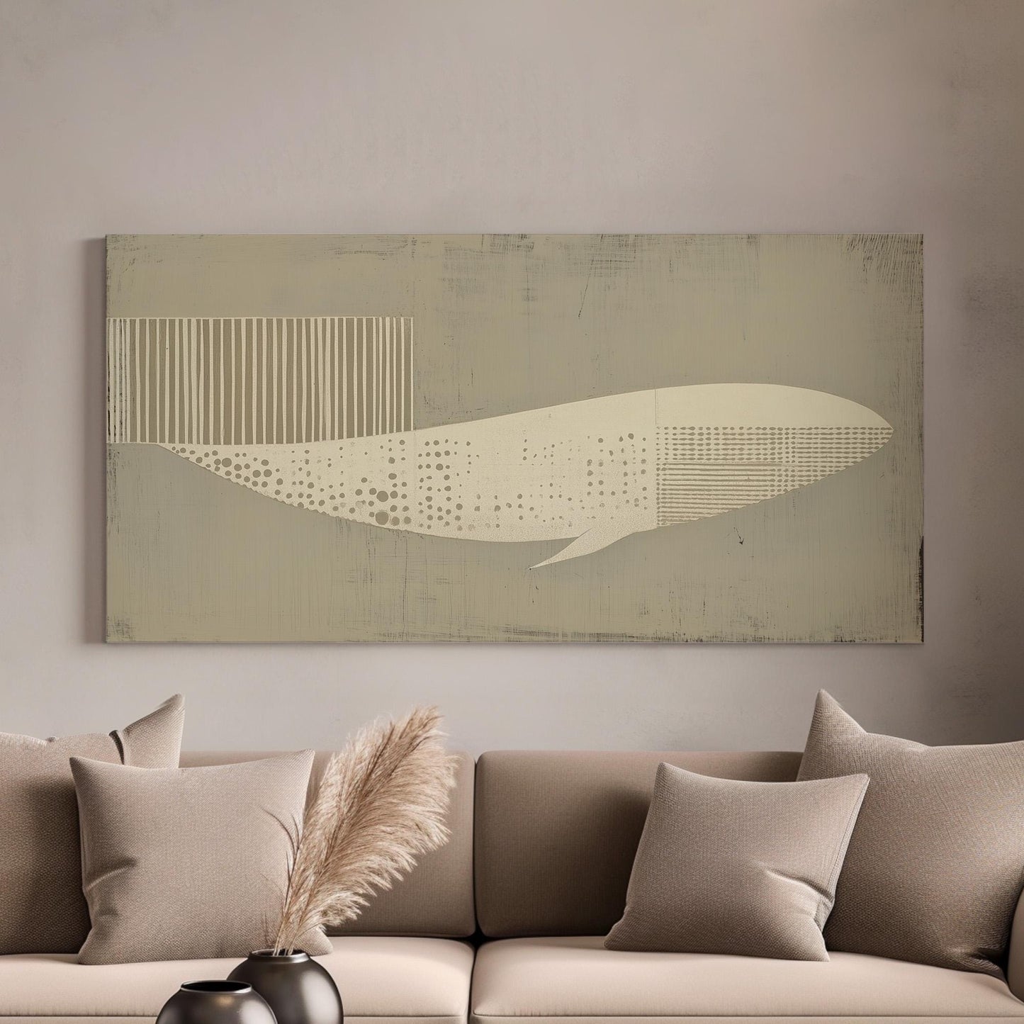 Minimalist Whale Drift Wall Art Above Bed, Horizontal Nautical Flow Canvas Print, Boho Coastal Decor Canvas Art
