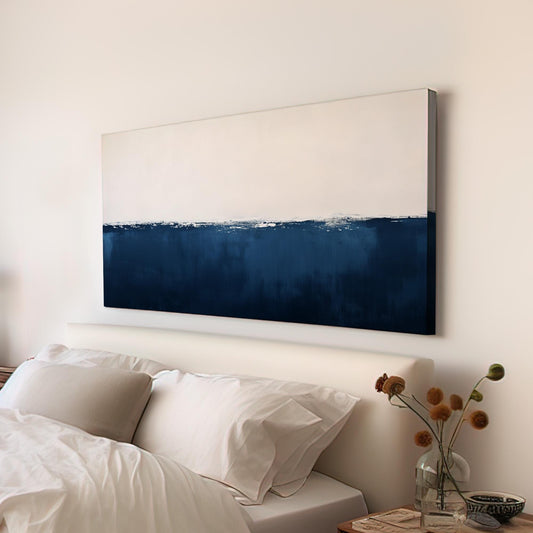 Minimal Ocean Scene Wall Art Blue White, Horizontal Dual Tone Canvas Print, Sea Calm Decor Canvas Art