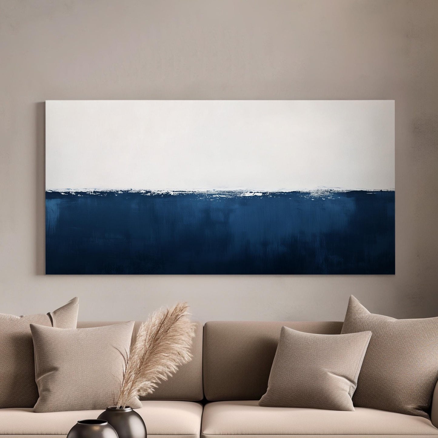 Minimal Ocean Scene Wall Art Blue White, Horizontal Dual Tone Canvas Print, Sea Calm Decor Canvas Art