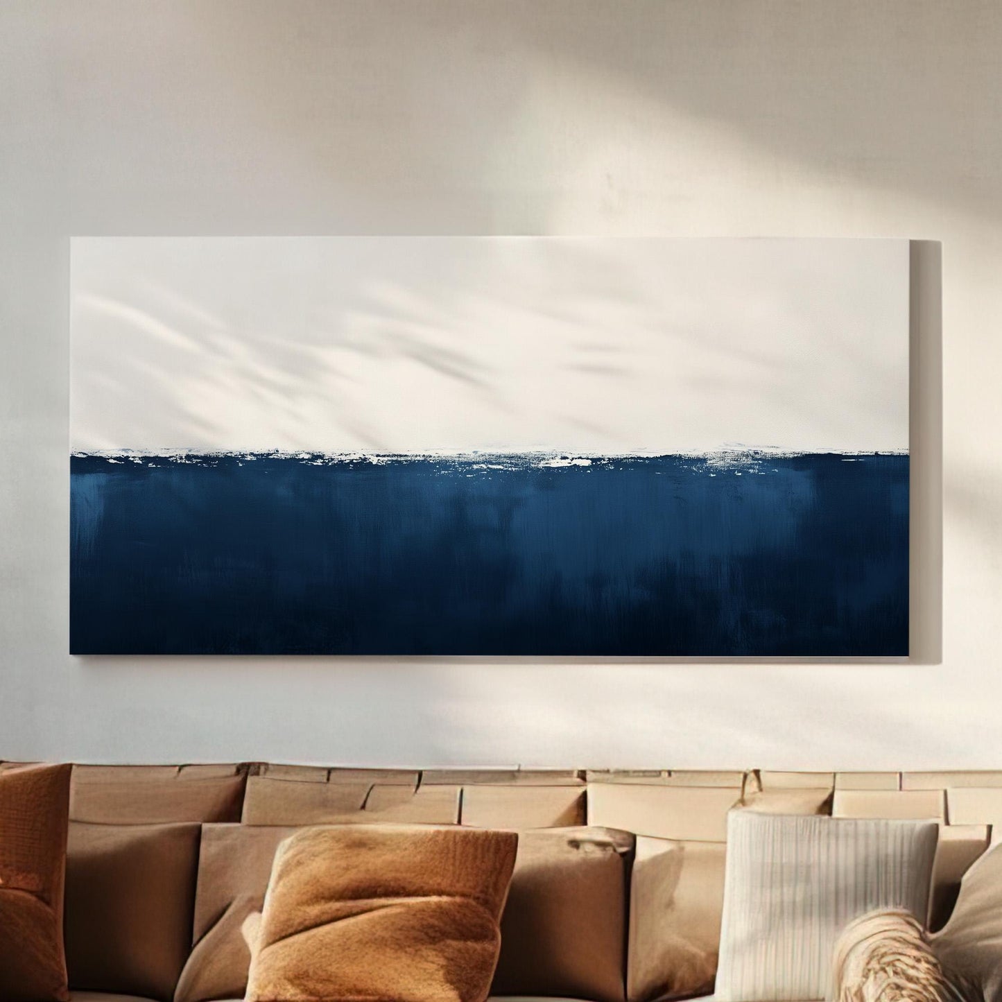 Minimal Ocean Scene Wall Art Blue White, Horizontal Dual Tone Canvas Print, Sea Calm Decor Canvas Art