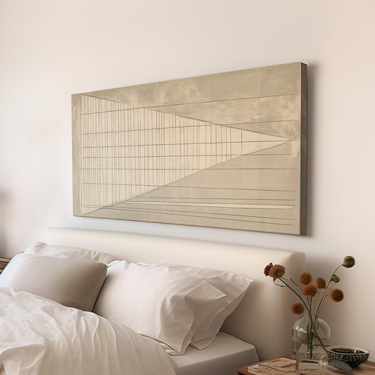 Linear Perspective Wall Art Above Couch, Horizontal Architectural Grid Canvas Print, Abstract Grid Decor Canvas Art
