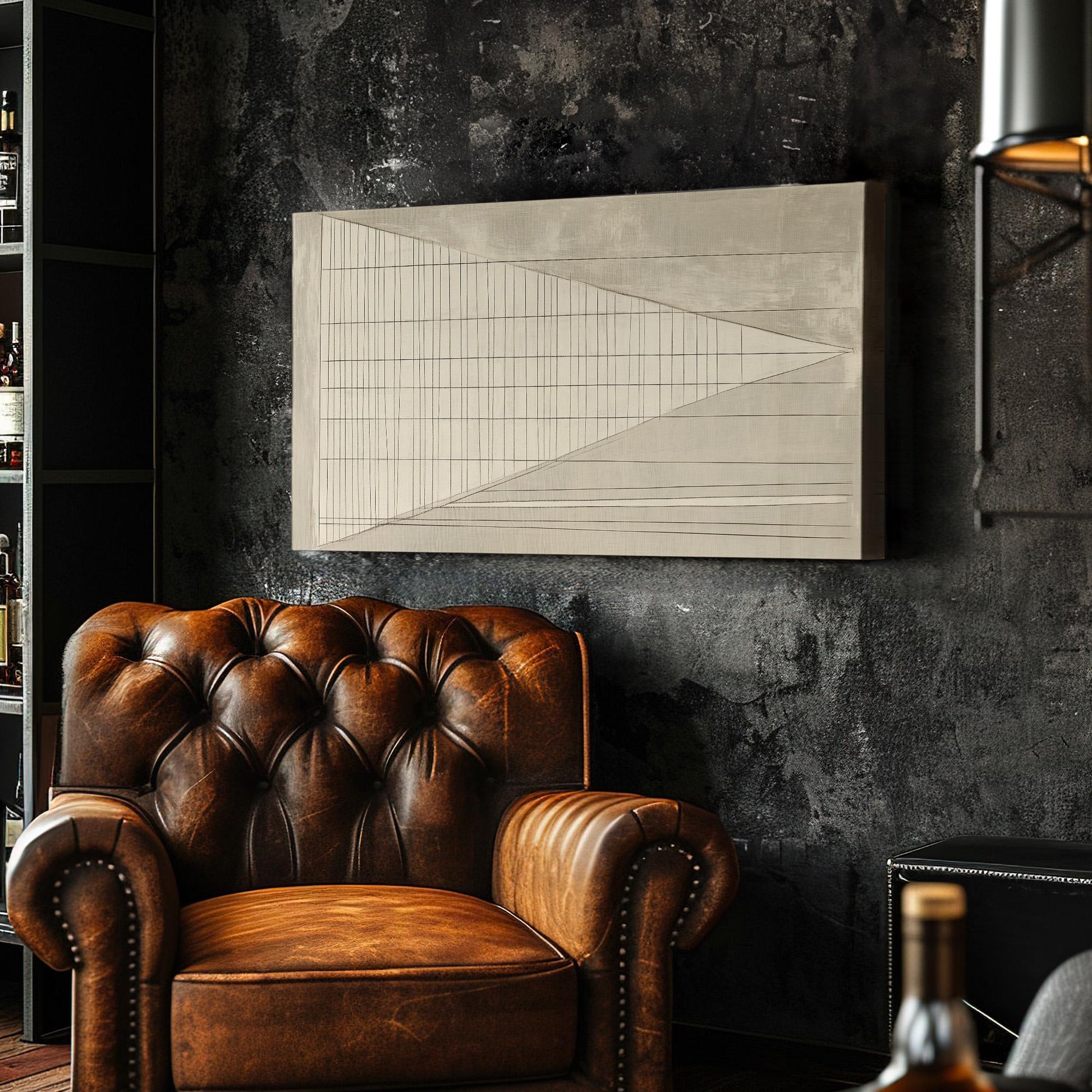 Linear Perspective Wall Art Above Couch, Horizontal Architectural Grid Canvas Print, Abstract Grid Decor Canvas Art
