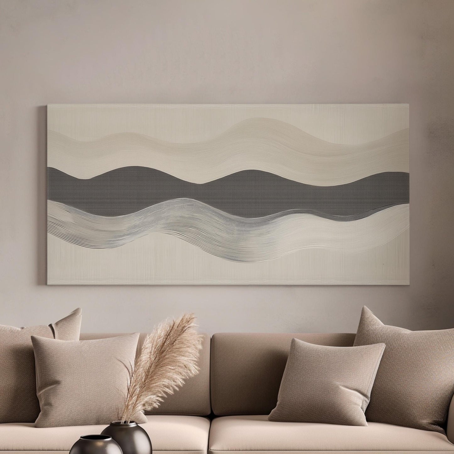 Harmonic Currents Wall Art For Studio, Horizontal Soft Beige Canvas Print, Scandinavian Decor Canvas Art