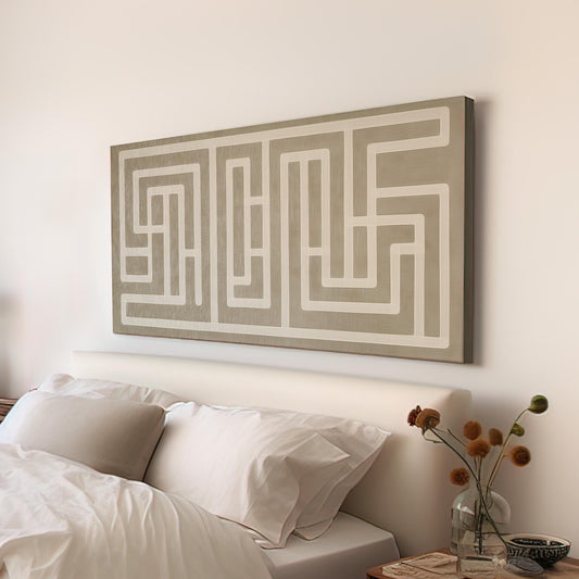 Grey Natural Maze Wall Art For Living Room, Horizontal Farmhouse Canvas Print, Line Art Decor Canvas Art
