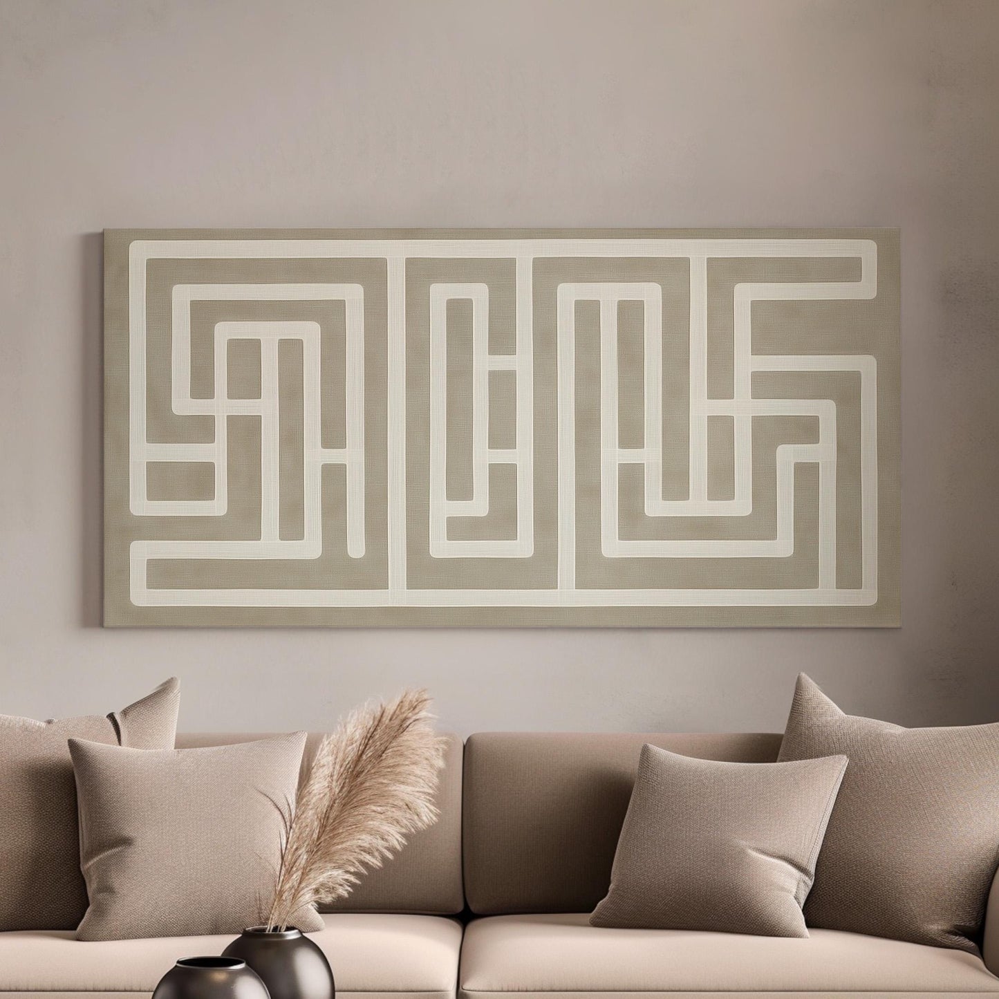 Grey Natural Maze Wall Art For Living Room, Horizontal Farmhouse Canvas Print, Line Art Decor Canvas Art