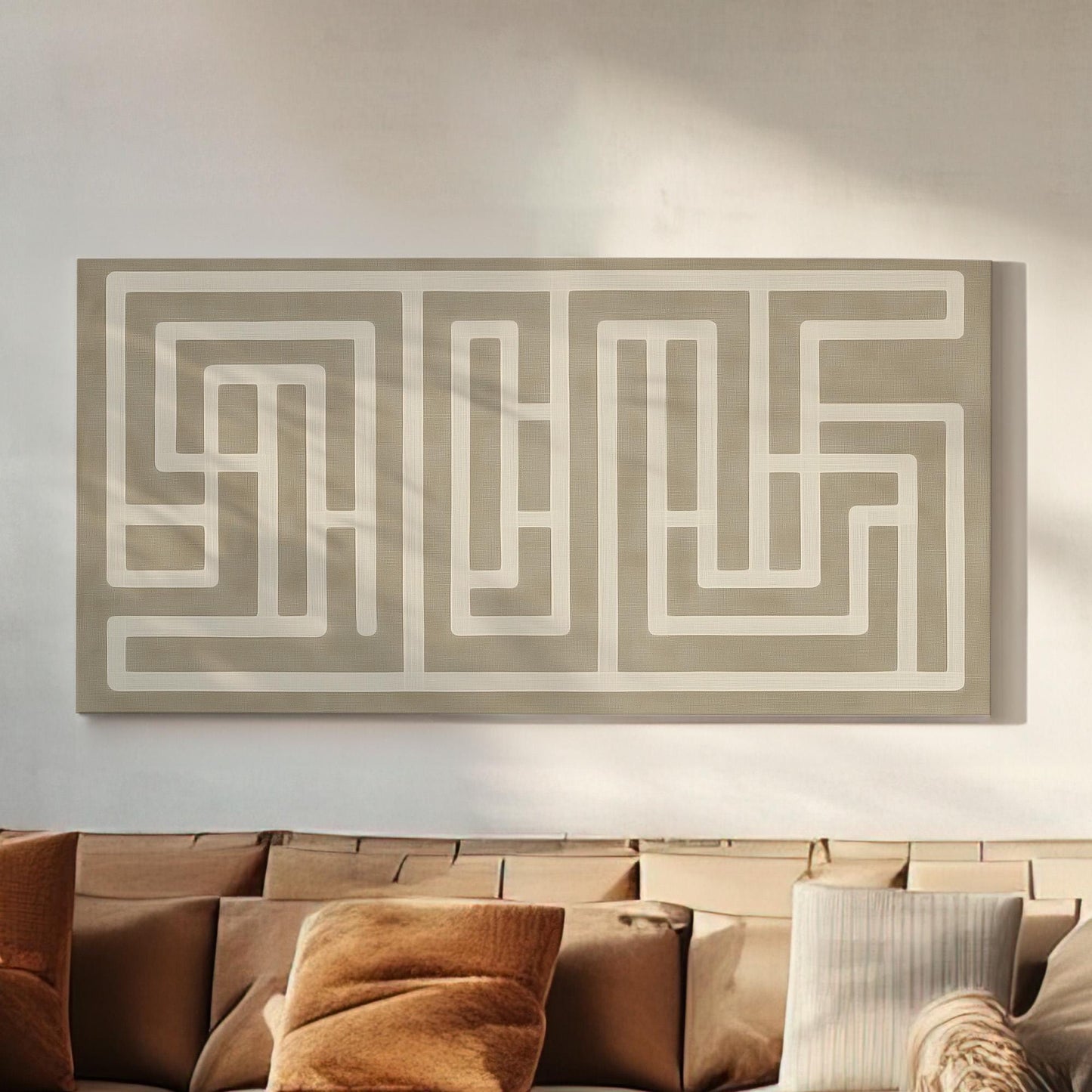 Grey Natural Maze Wall Art For Living Room, Horizontal Farmhouse Canvas Print, Line Art Decor Canvas Art