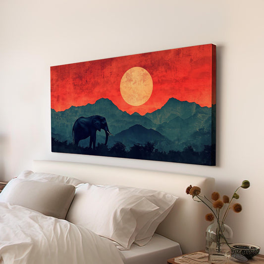 Elephant In the Sunset Wall Art Above Bed, Horizontal Beautiful Mountains Canvas Print, Abstract Colors Decor Canvas Art