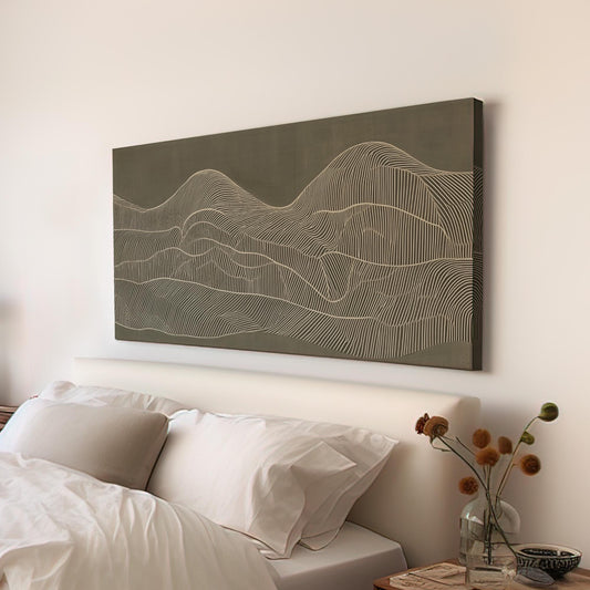 Echoed Peaks Wall Art Above Bed, Horizontal Neutral Aesthetic Canvas Print, Mountain Range Decor Canvas Art