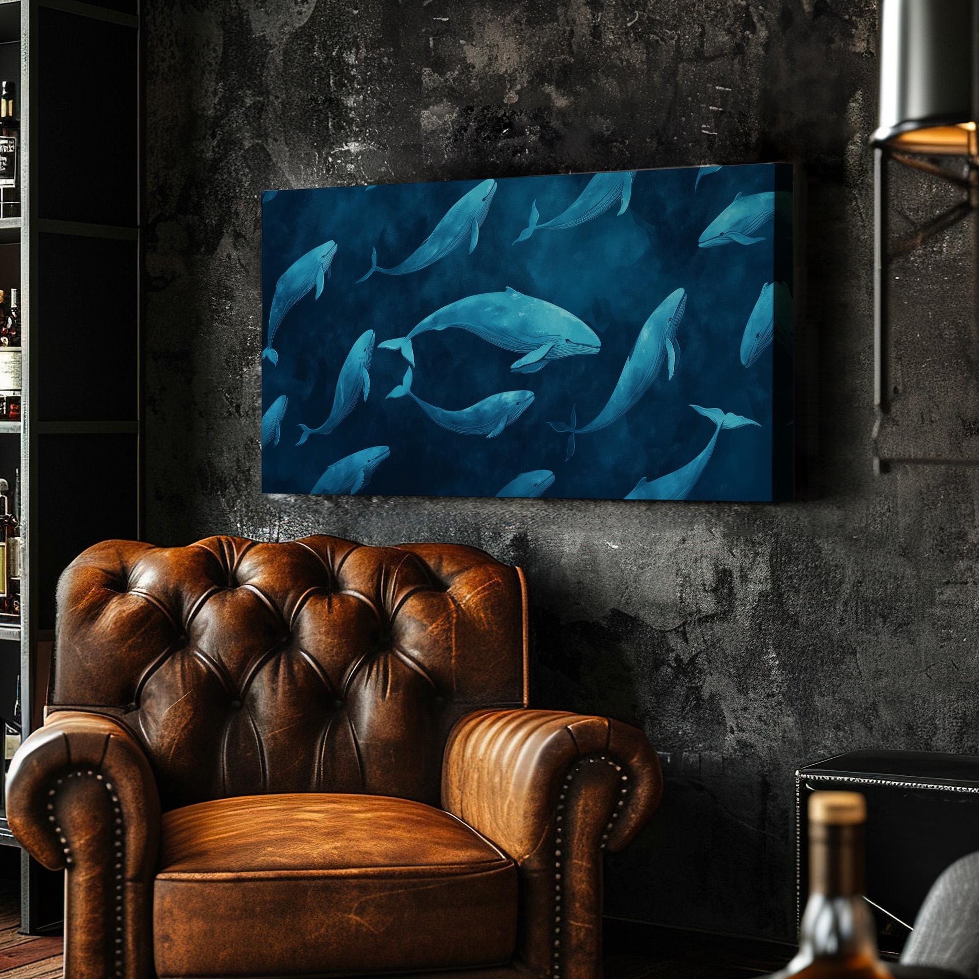 Blue Whales Wall Art For Bedroom, Horizontal Nursery Ocean Canvas Print, Minimalist Blue Decor Canvas Art