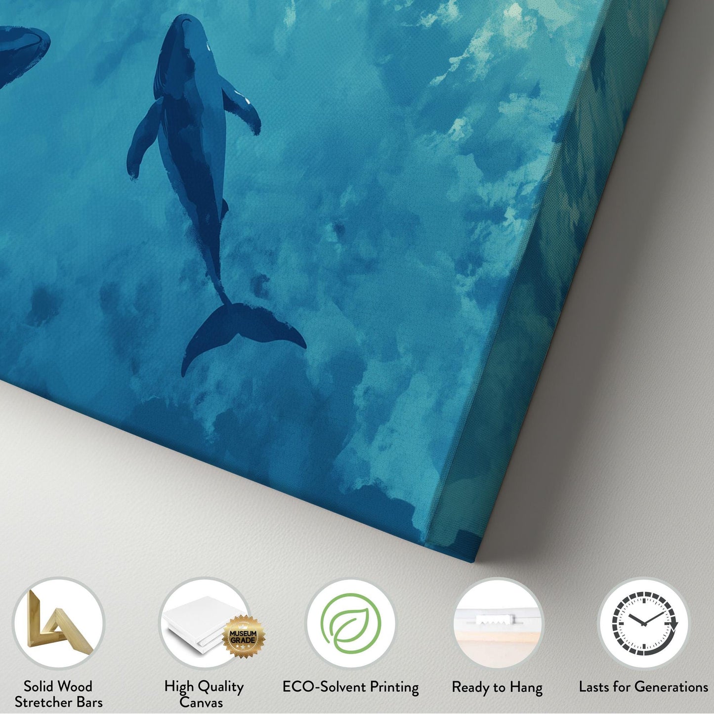 Blue Whale Couple Wall Art For Bedroom, Horizontal Nursery Ocean Canvas Print, Minimalist Blue Decor Canvas Art