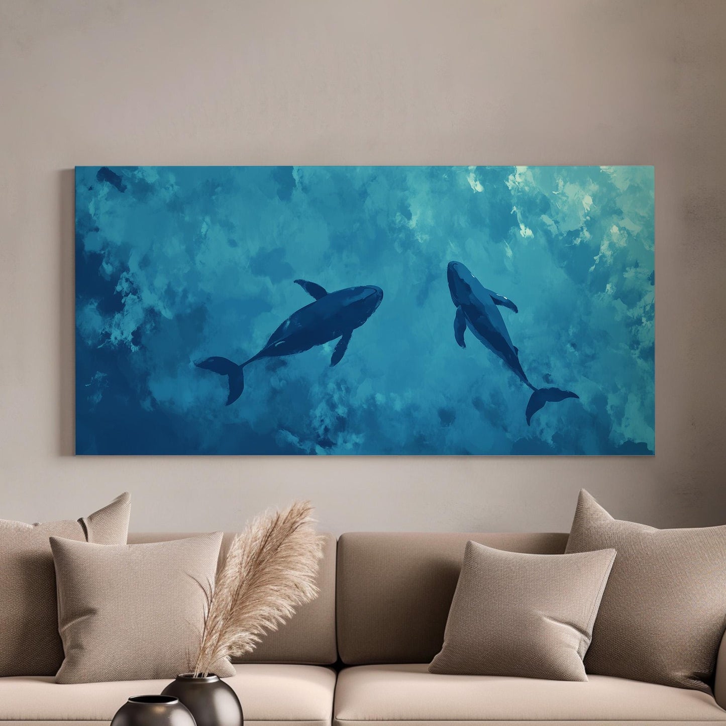 Blue Whale Couple Wall Art For Bedroom, Horizontal Nursery Ocean Canvas Print, Minimalist Blue Decor Canvas Art