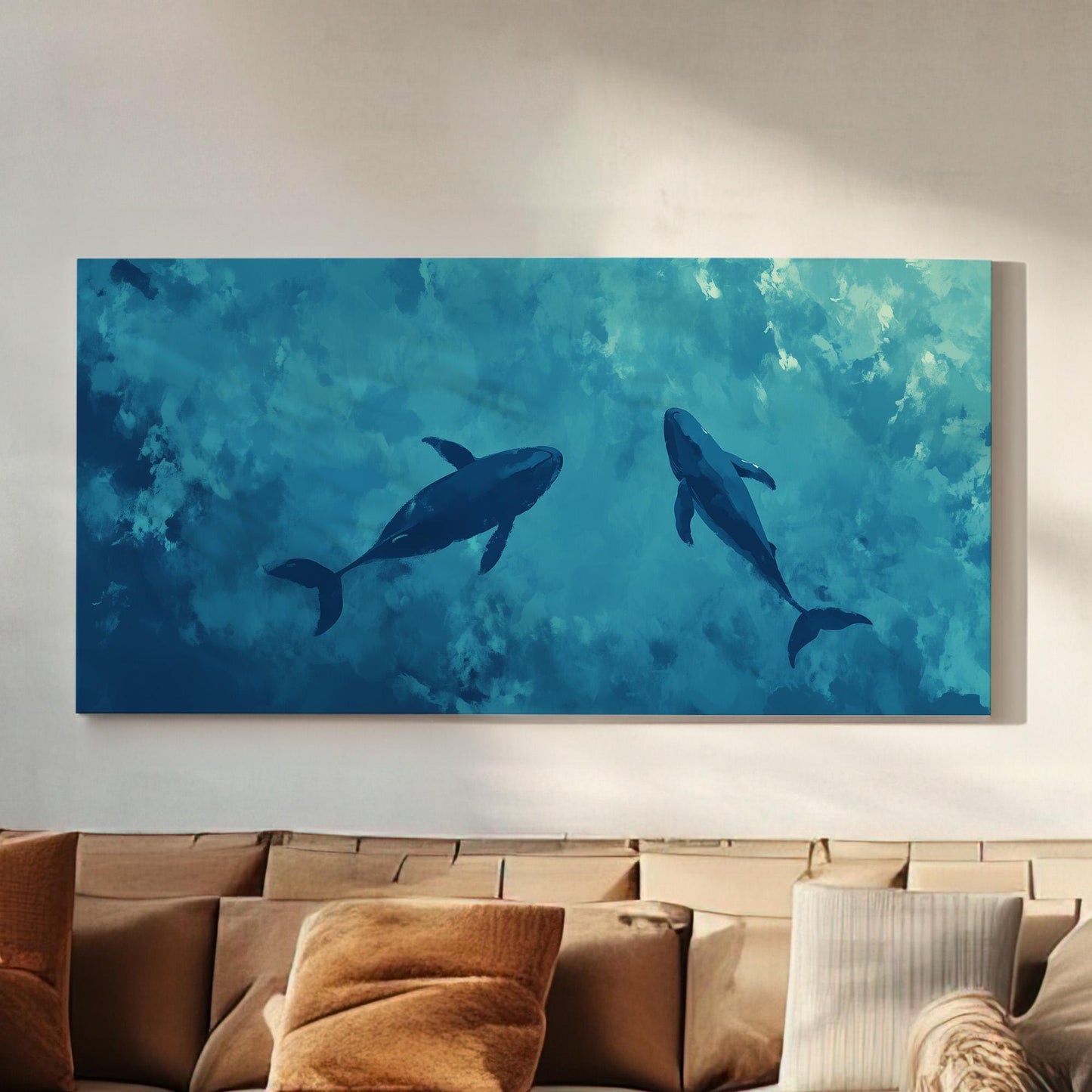 Blue Whale Couple Wall Art For Bedroom, Horizontal Nursery Ocean Canvas Print, Minimalist Blue Decor Canvas Art