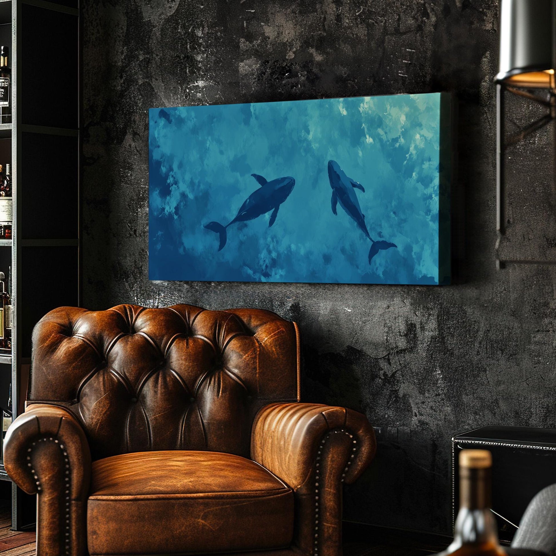 Blue Whale Couple Wall Art For Bedroom, Horizontal Nursery Ocean Canvas Print, Minimalist Blue Decor Canvas Art