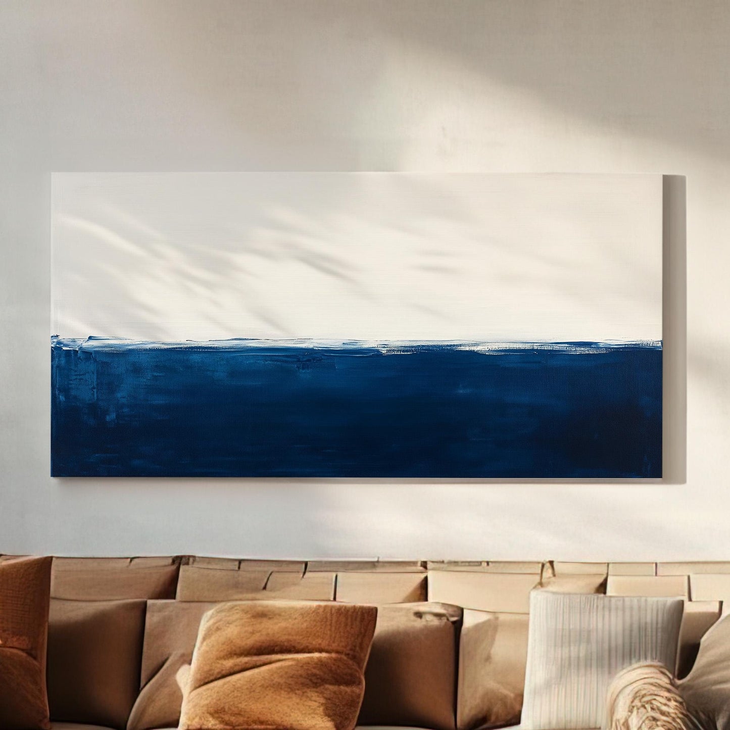 Abstract Blue Ocean Wall Art Dual Tone, Horizontal Minimal Sea Canvas Print, Moody Vibes Decor Canvas Art