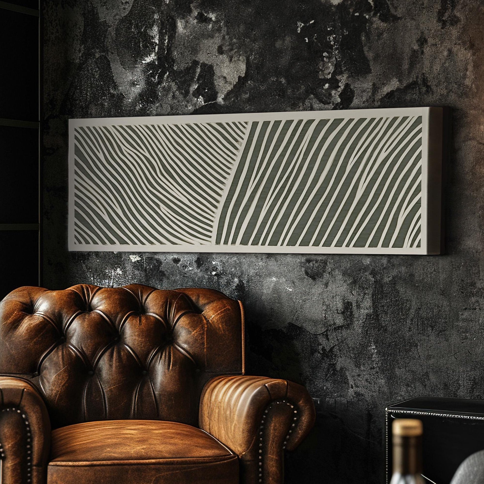 Zen Wave Pattern Panoramic Art Above Bed, Canvas Sage Green Wall Art Print, Scandi Boho Decor Canvas Art