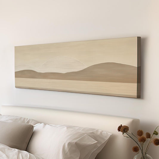 Tan and Cream Abstract Landscape Panoramic Art Above Bed, Canvas Warm Neutral Wall Art Print, Soft Earth Decor Canvas Art