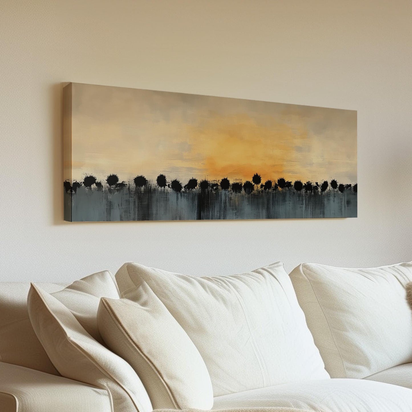 Sunset Above Sunflower Field Panoramic Art Above Bed, Canvas Warm Sun Wall Art Print, Minimal Abstract Decor Canvas Art