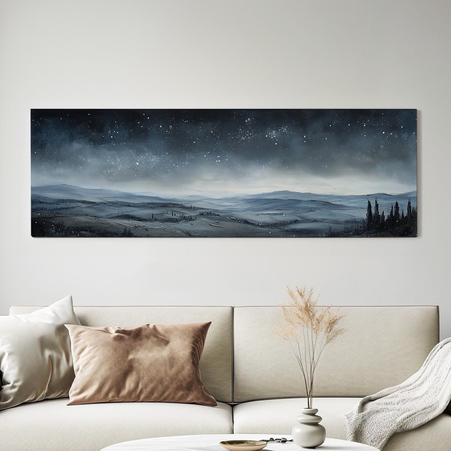 Starry Sky Over Tuscany Panoramic Art Above Bed, Canvas Vineyard Wall Art Print, Pastoral Decor Canvas Art