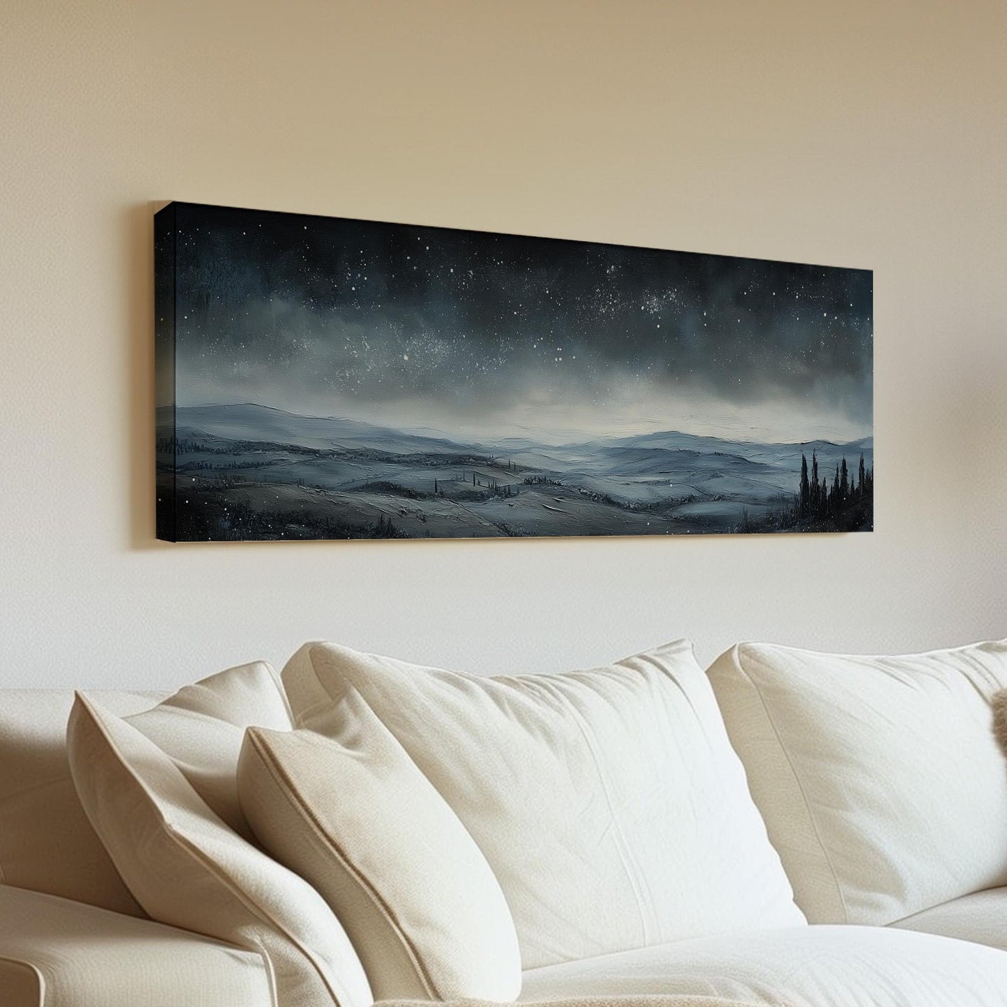 Starry Sky Over Tuscany Panoramic Art Above Bed, Canvas Vineyard Wall Art Print, Pastoral Decor Canvas Art