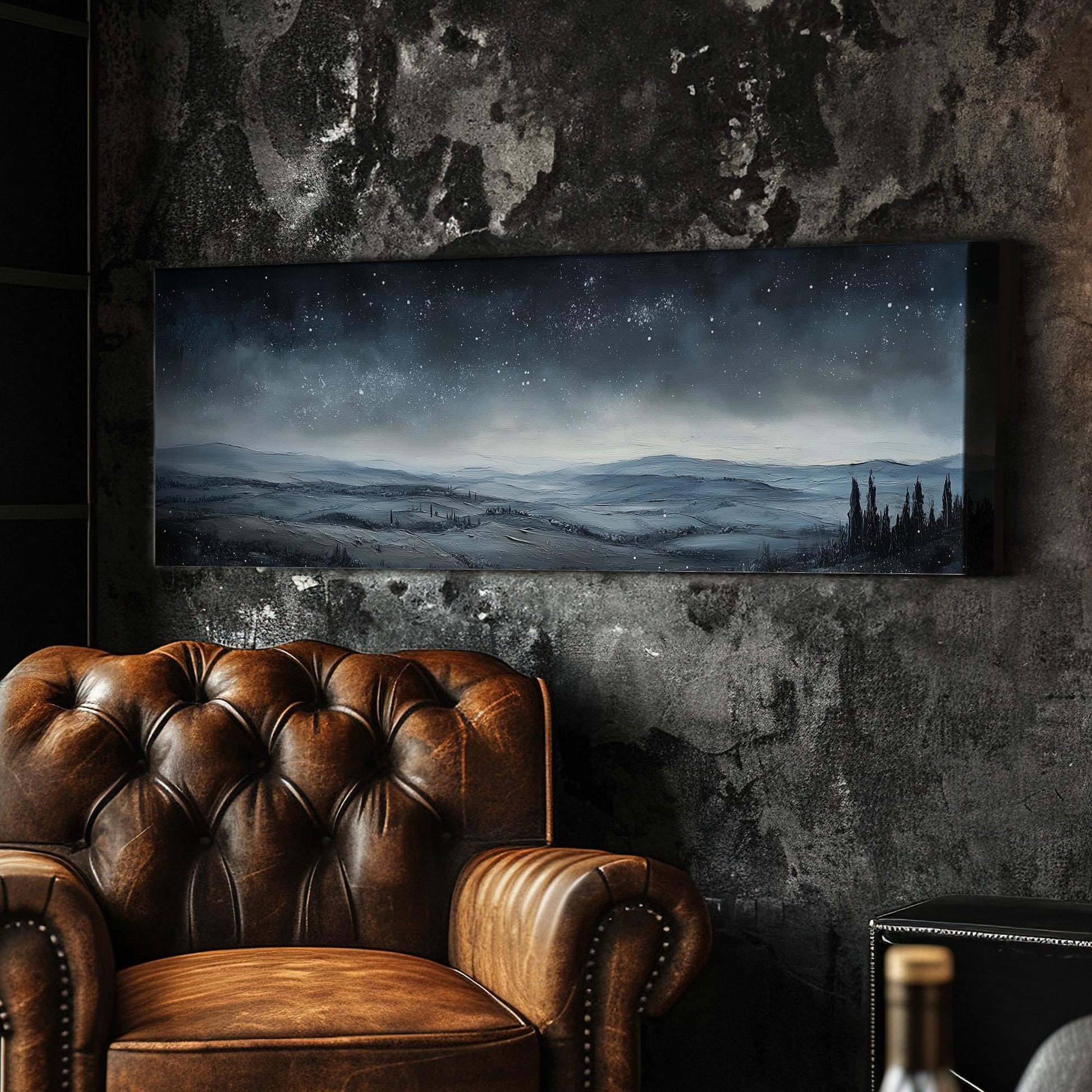 Starry Sky Over Tuscany Panoramic Art Above Bed, Canvas Vineyard Wall Art Print, Pastoral Decor Canvas Art
