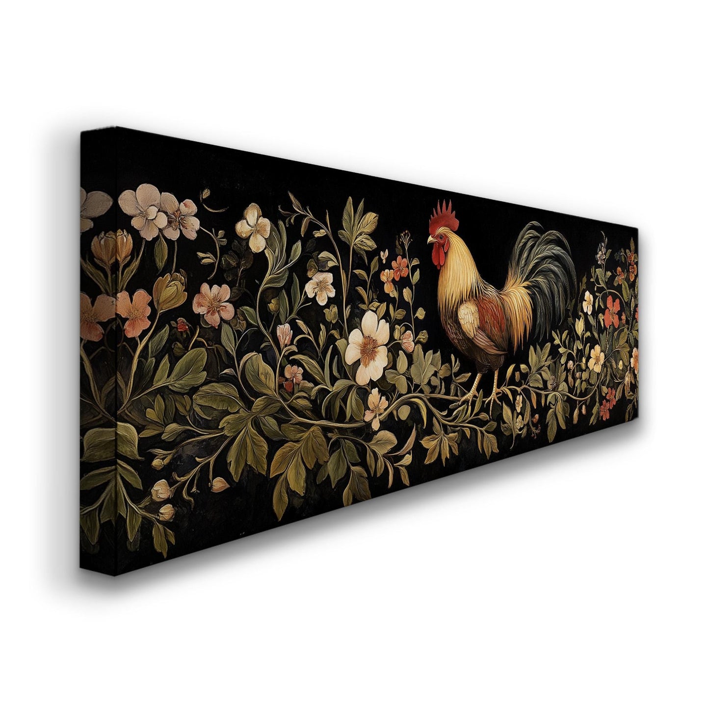Rooster on a Branch Panoramic Art Rustic Farmhouse, Canvas Homestead Wall Art Print, Chicken Coup Decor Canvas Art