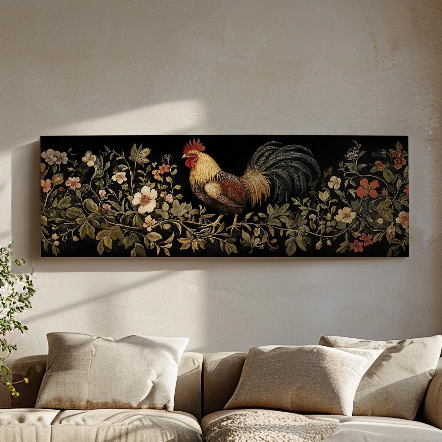Rooster on a Branch Panoramic Art Rustic Farmhouse, Canvas Homestead Wall Art Print, Chicken Coup Decor Canvas Art