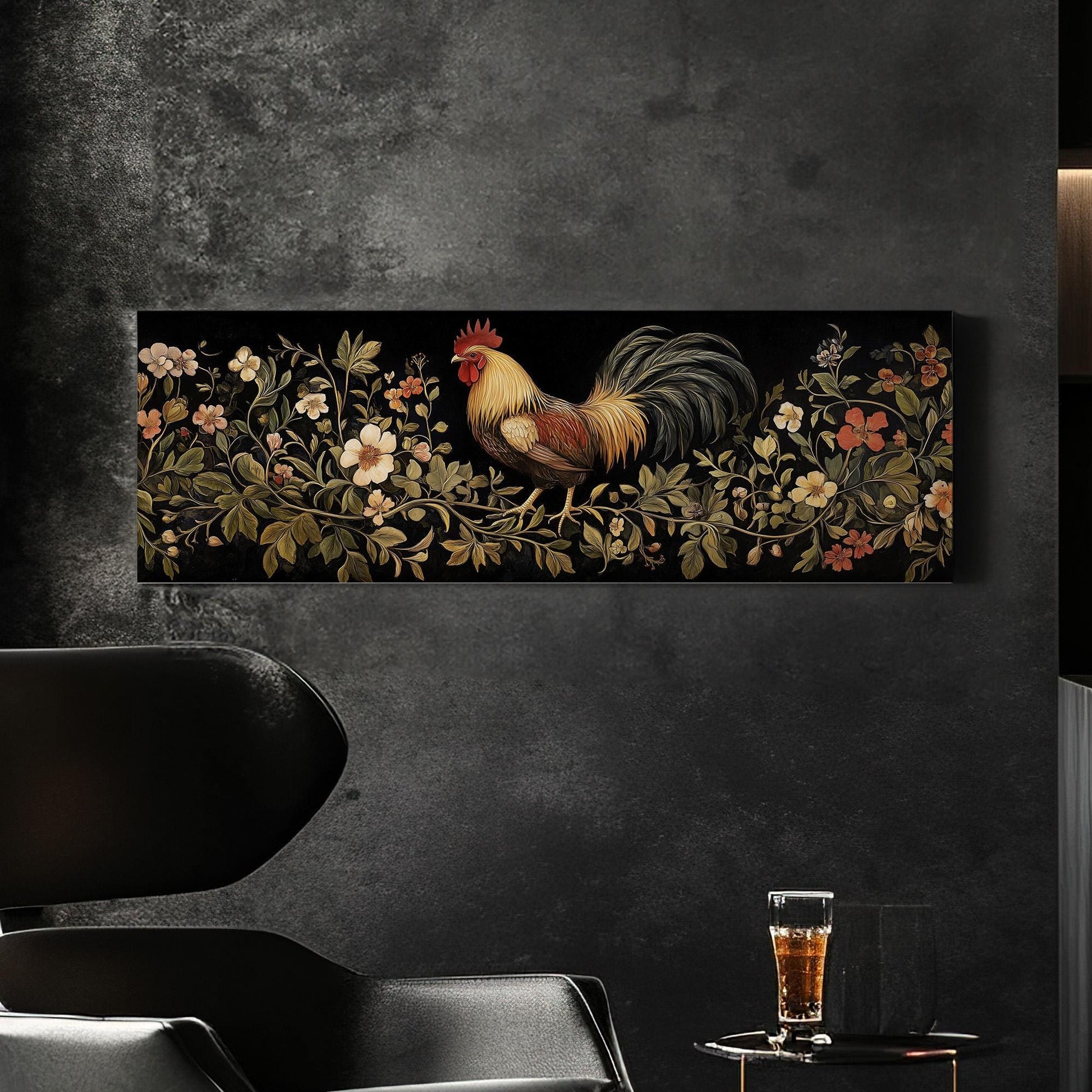 Rooster on a Branch Panoramic Art Rustic Farmhouse, Canvas Homestead Wall Art Print, Chicken Coup Decor Canvas Art