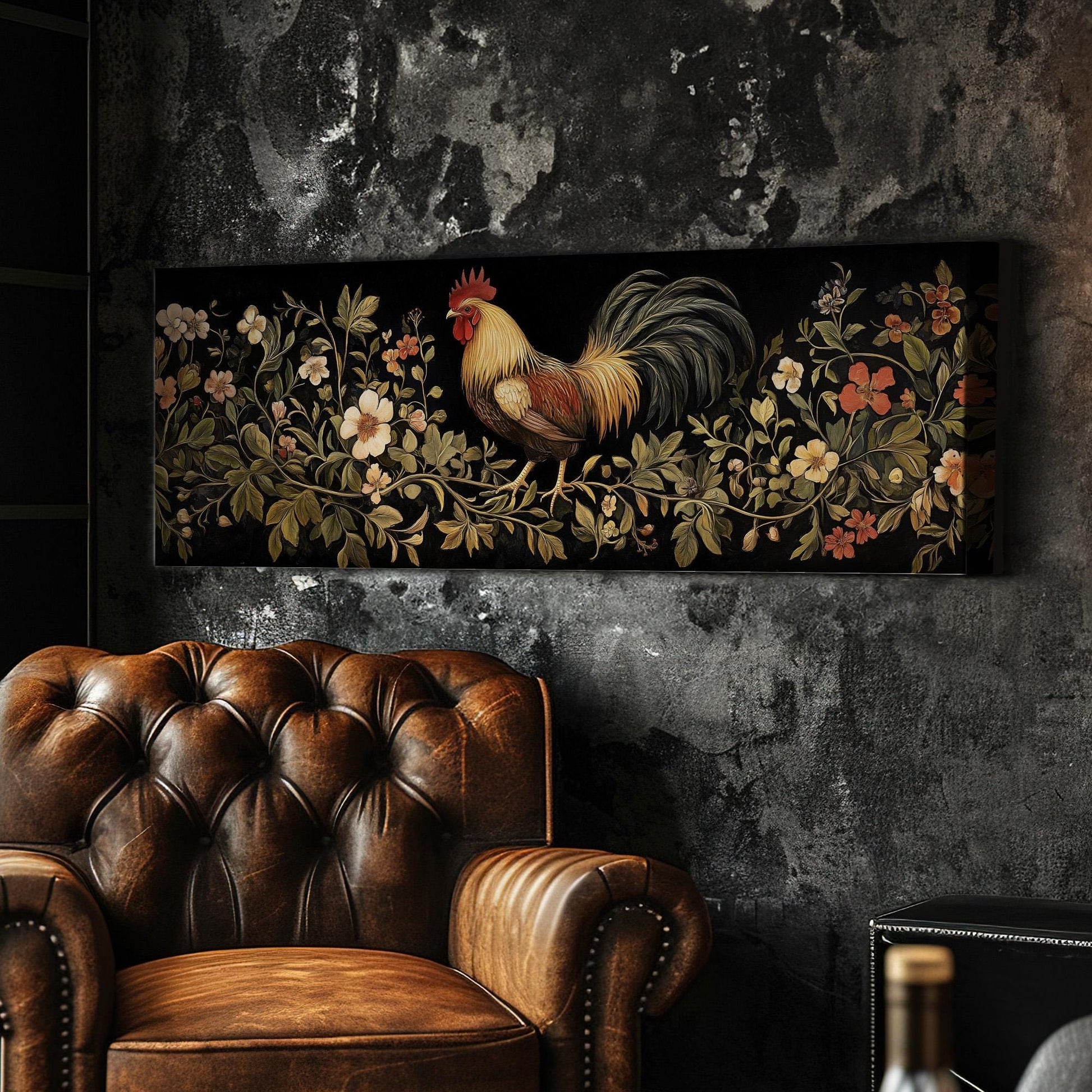 Rooster on a Branch Panoramic Art Rustic Farmhouse, Canvas Homestead Wall Art Print, Chicken Coup Decor Canvas Art